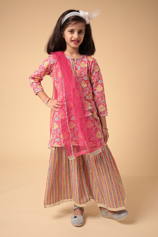 Cotton Pink Kurti Sharara Dupatta Set for Girls