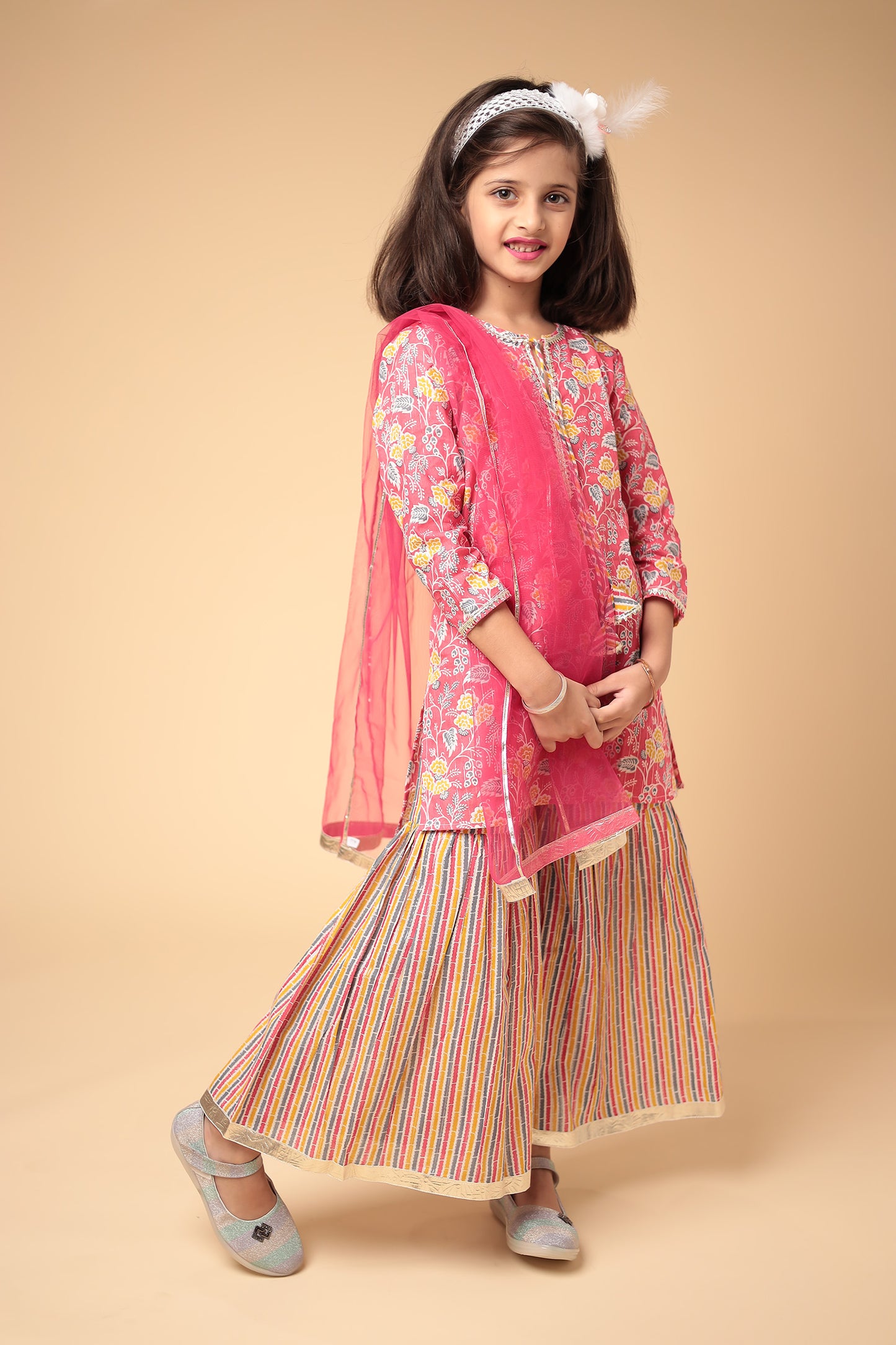 Cotton Pink Kurti Sharara Dupatta Set for Girls