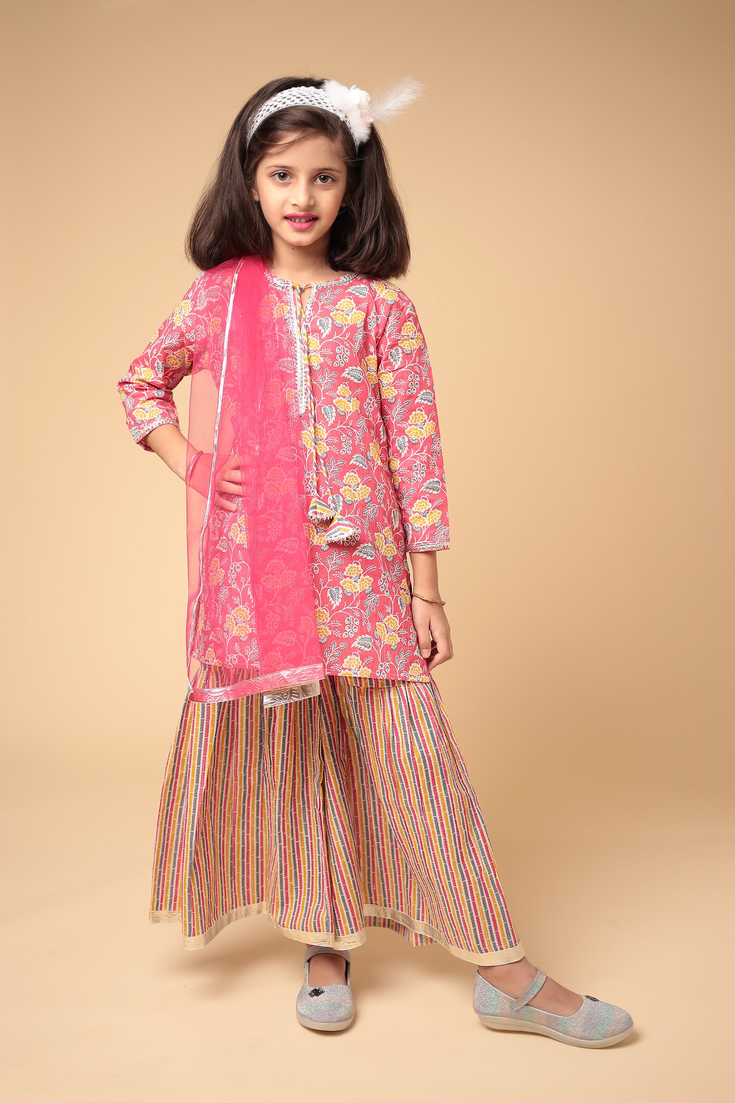 Cotton Pink Kurti Sharara Dupatta Set for Girls