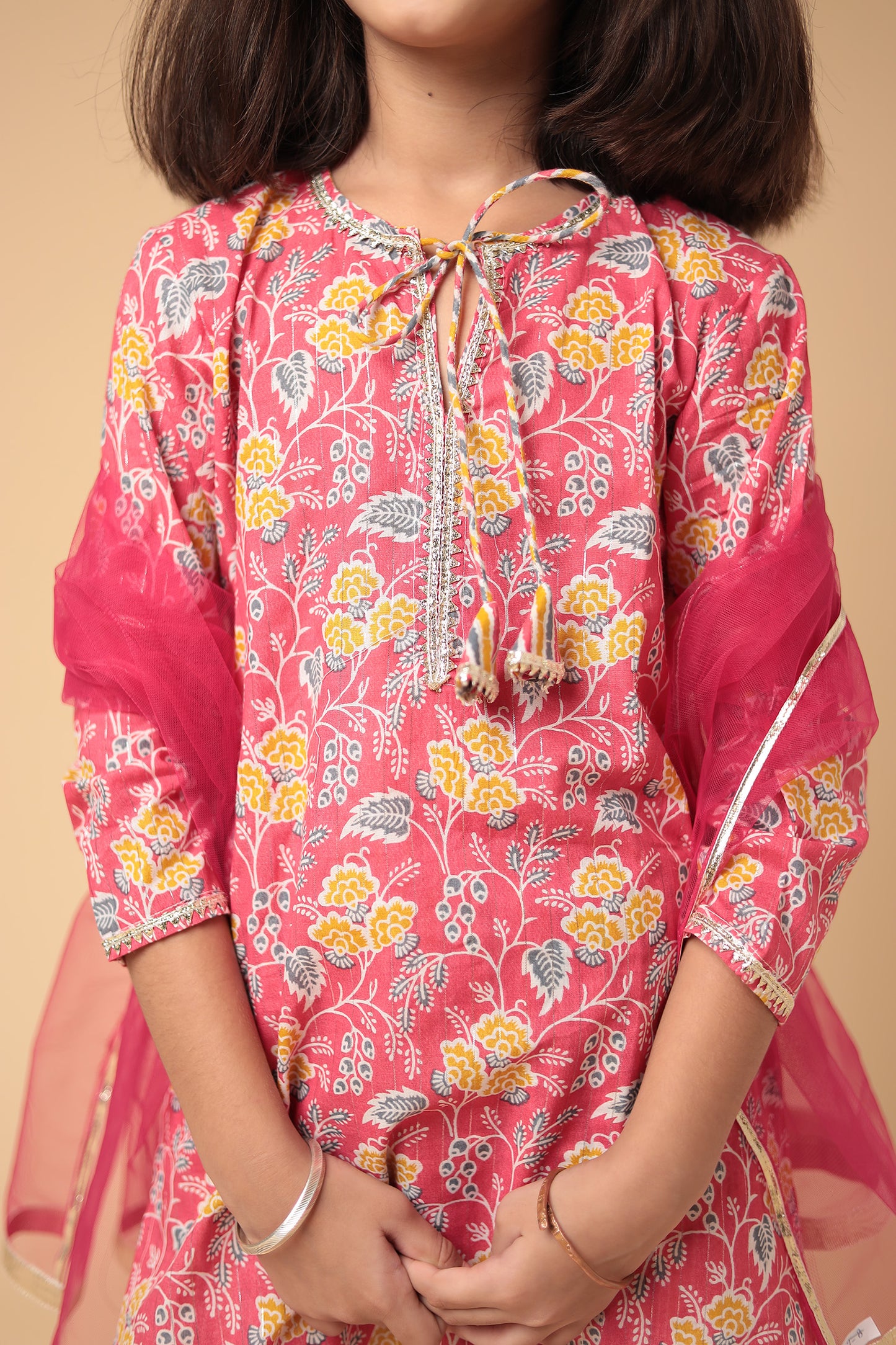 Cotton Pink Kurti Sharara Dupatta Set for Girls