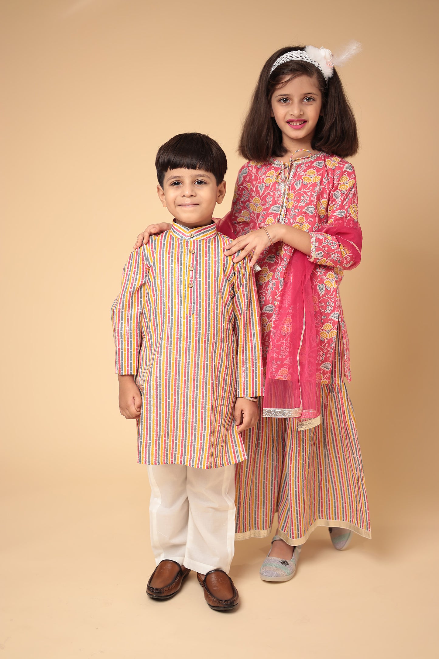 Cotton Pink Kurti Sharara Dupatta Set for Girls