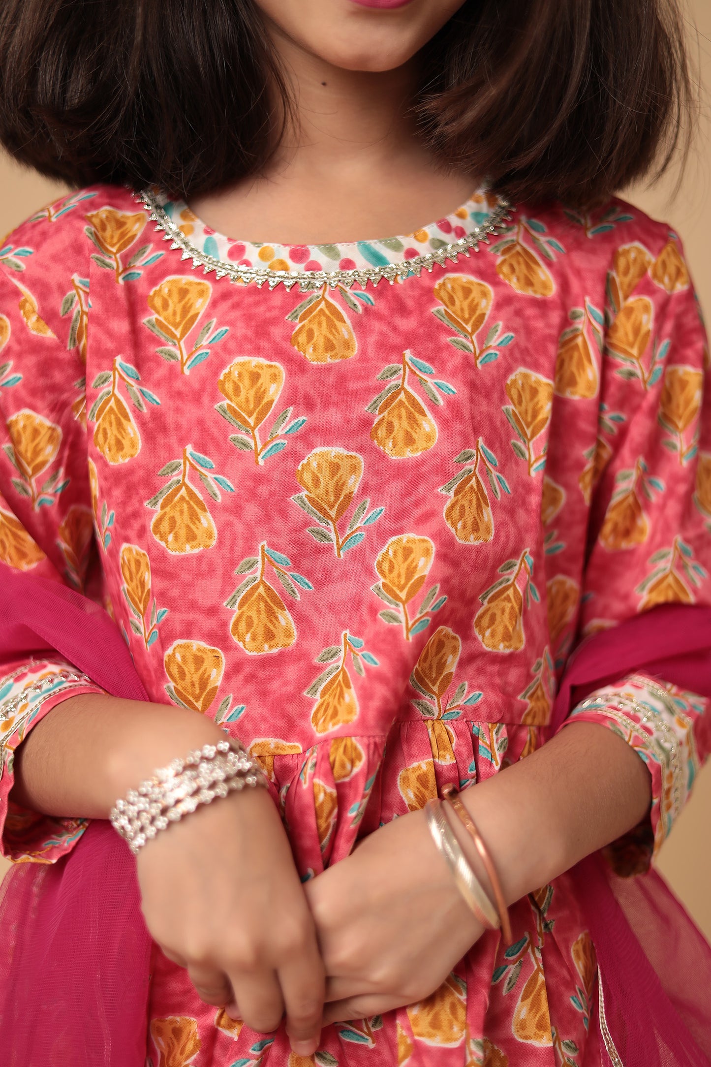 Charming Pink Floral Cotton Kurti Sharara Dupatta Set