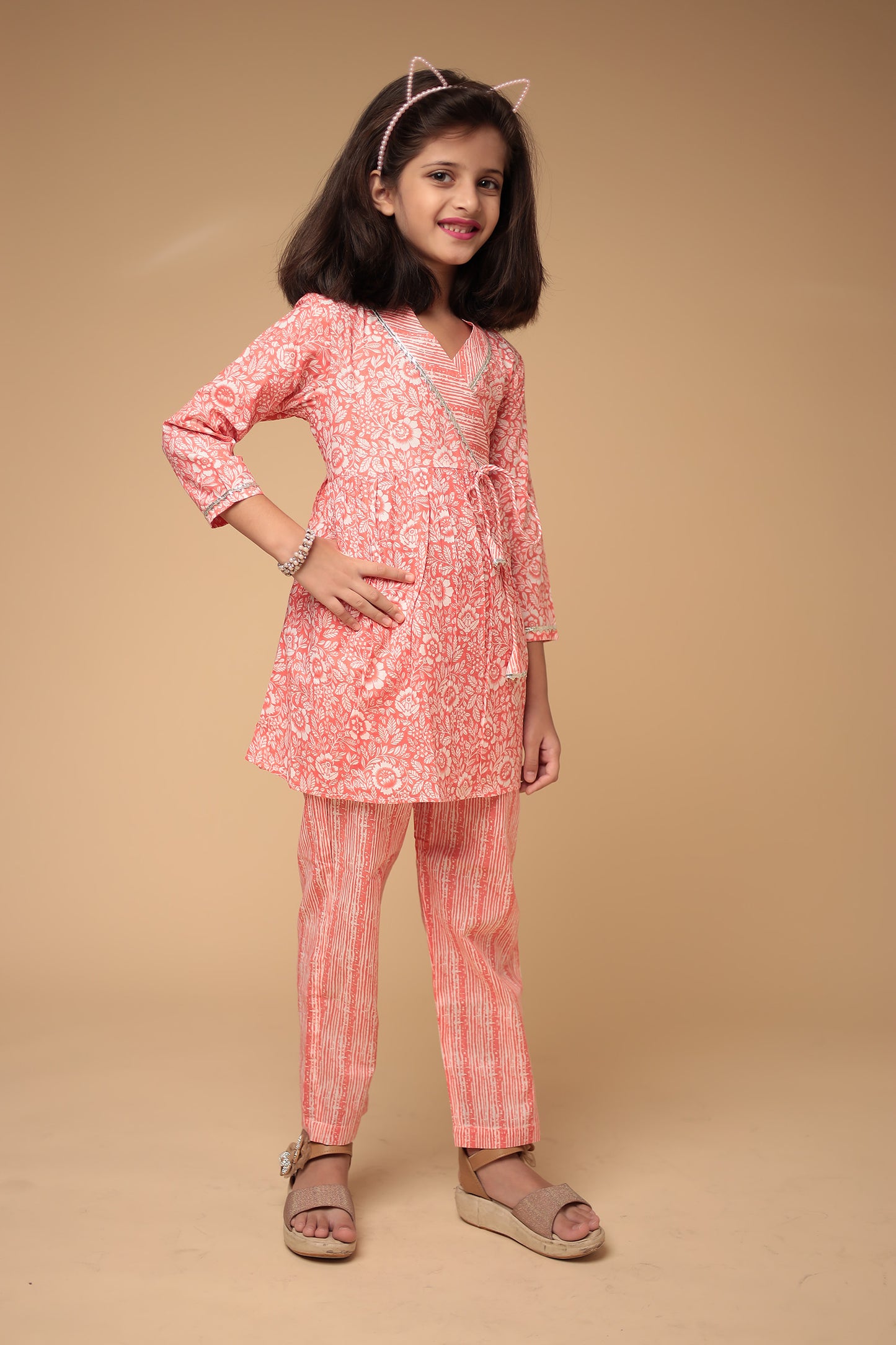 Charming Peach Cotton Printed Kurti with Pant Set