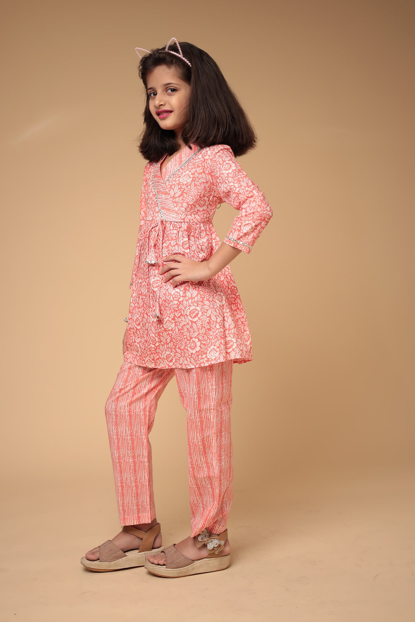 Charming Peach Cotton Printed Kurti with Pant Set