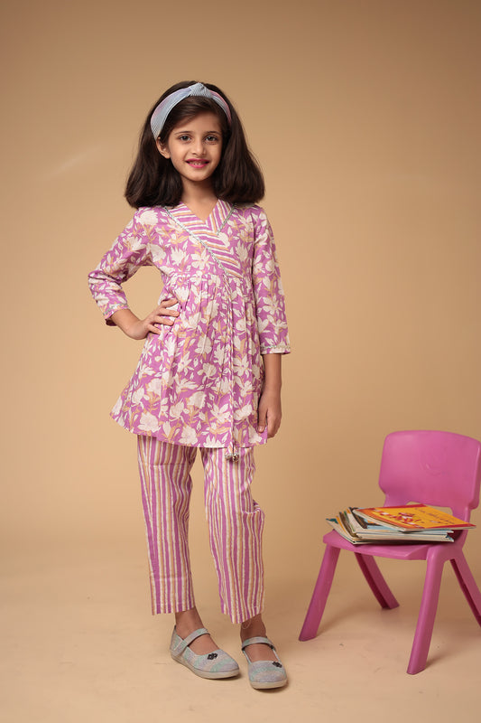 Charming Purple Cotton Printed Kurti with Pant Set