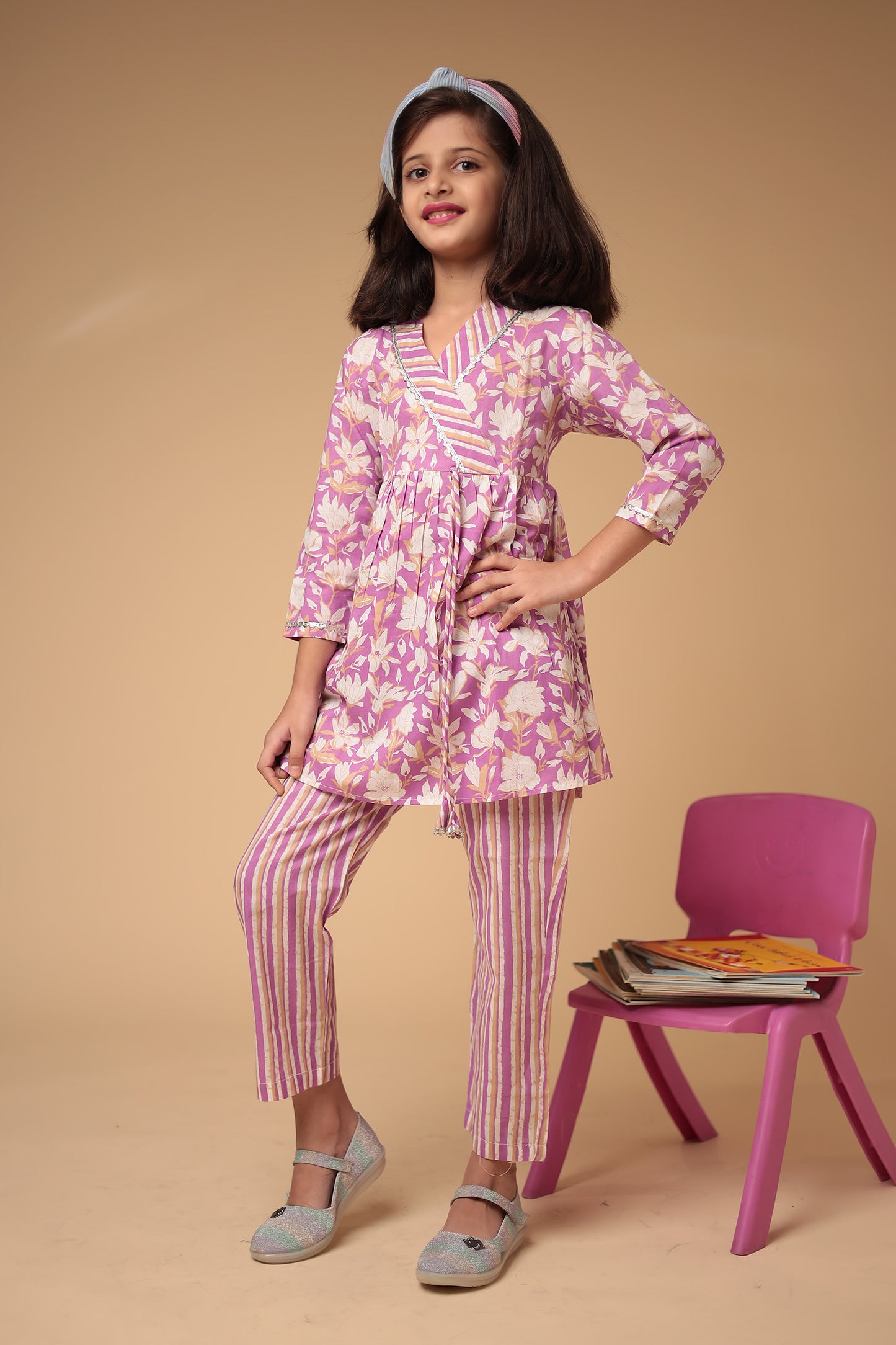 Charming Purple Cotton Printed Kurti with Pant Set