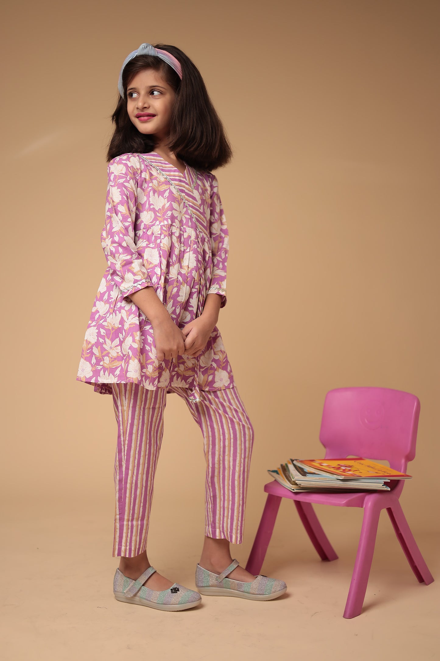 Charming Purple Cotton Printed Kurti with Pant Set