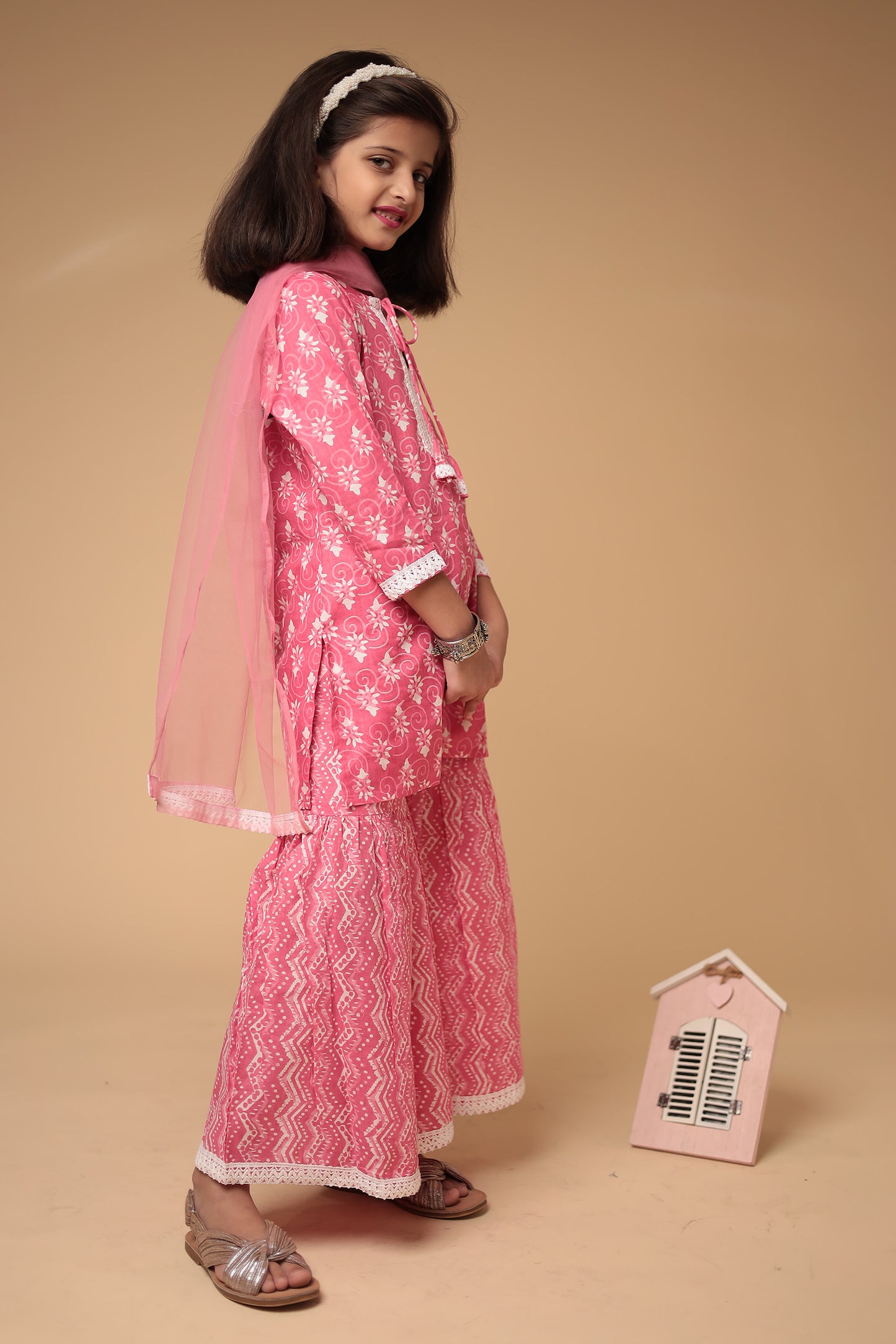 Charming Pink and White Floral Cotton Kurti Sharara Dupatta Set