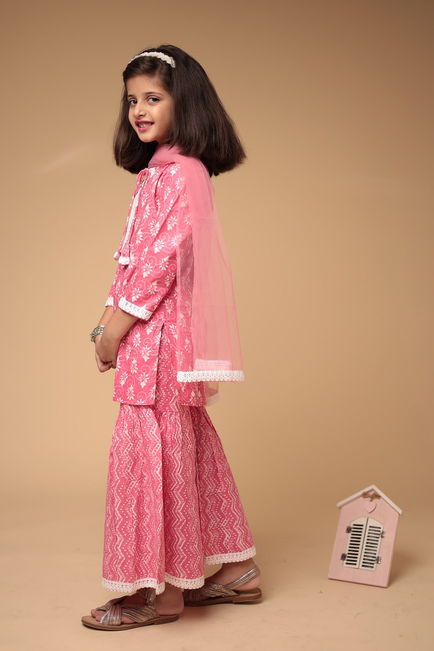 Charming Pink and White Floral Cotton Kurti Sharara Dupatta Set