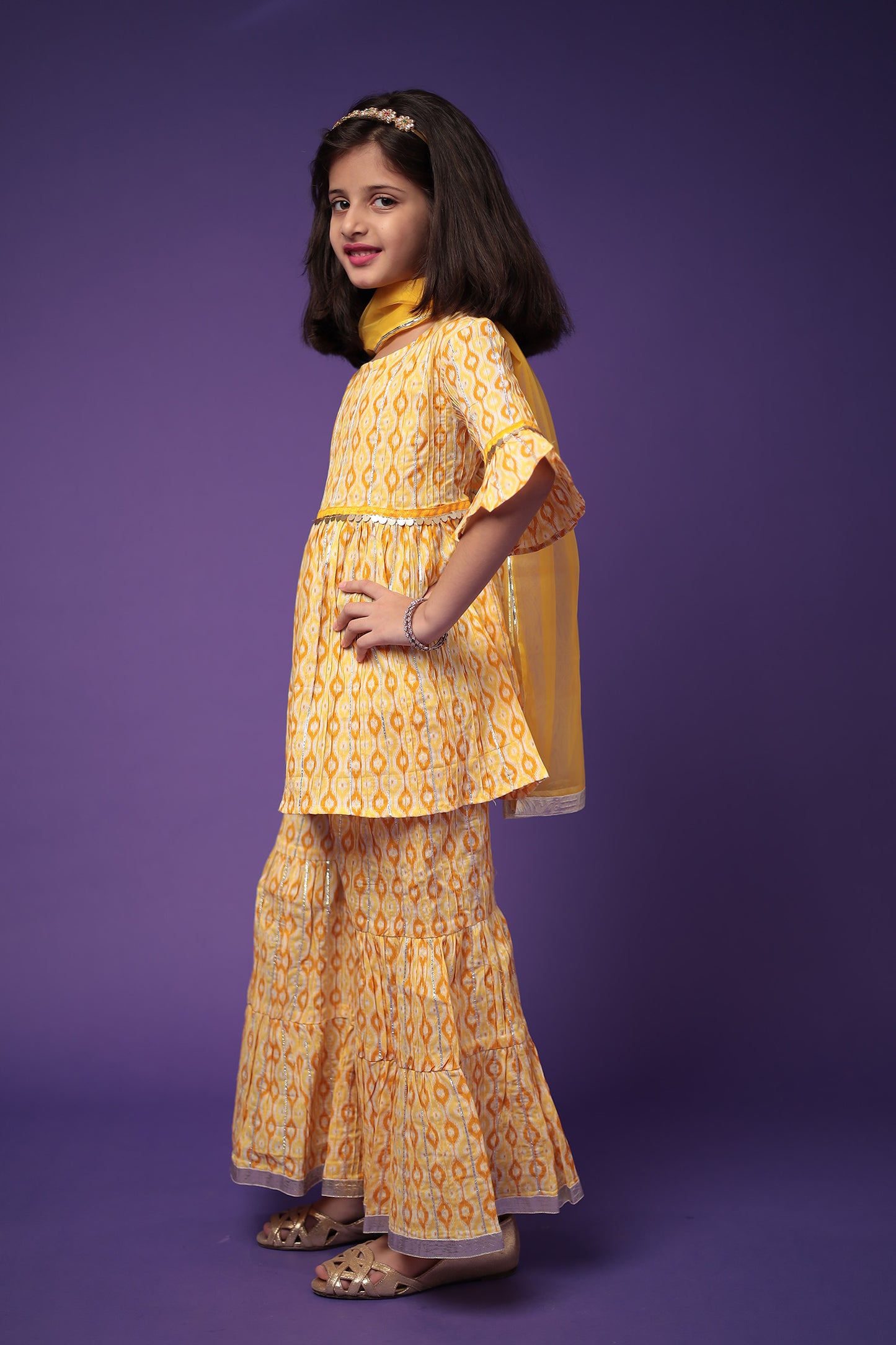 Radiant Yellow Cotton Pintuck Kurti Sharara Dupatta Set