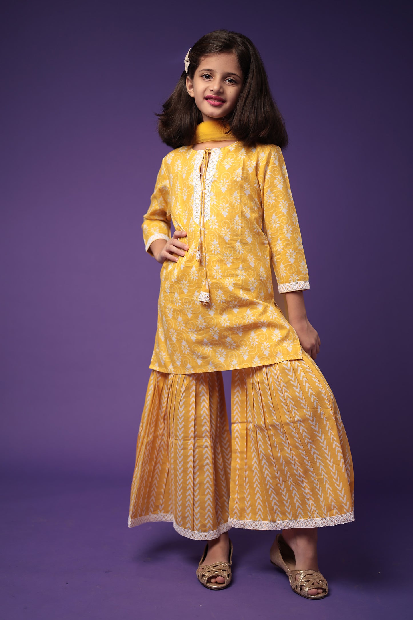 Charming Yellow Floral Cotton Kurti Sharara Dupatta Set