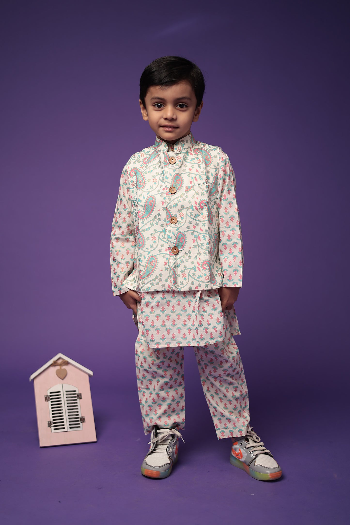 Cotton Ethnic Wear Kurta Pajama with Jacket Set for Boys