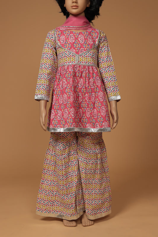 Pink Cotton Jacket Style Kurta with Sharara Dupatta Set for Girls