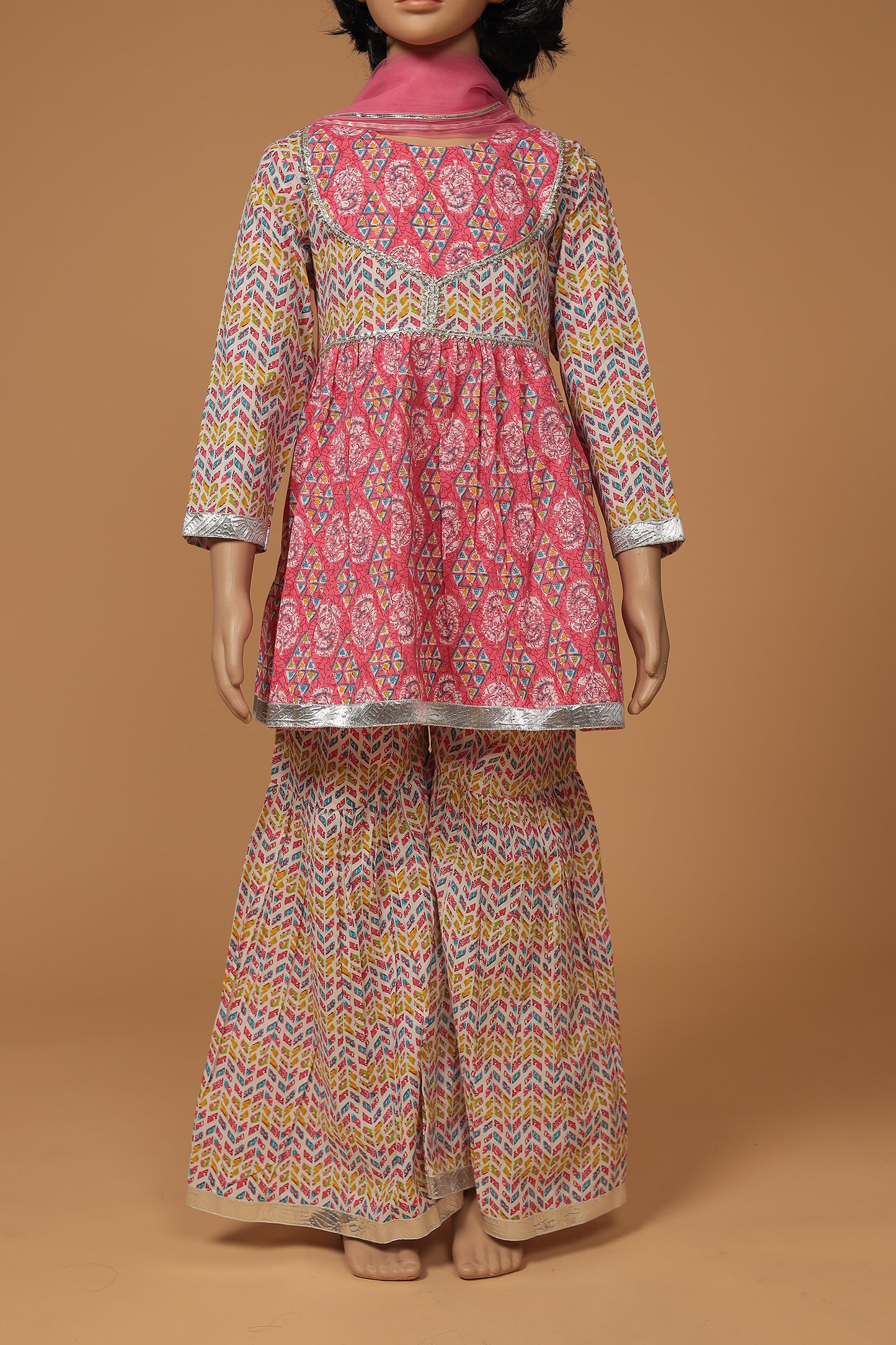 Pink Cotton Jacket Style Kurta with Sharara Dupatta Set for Girls