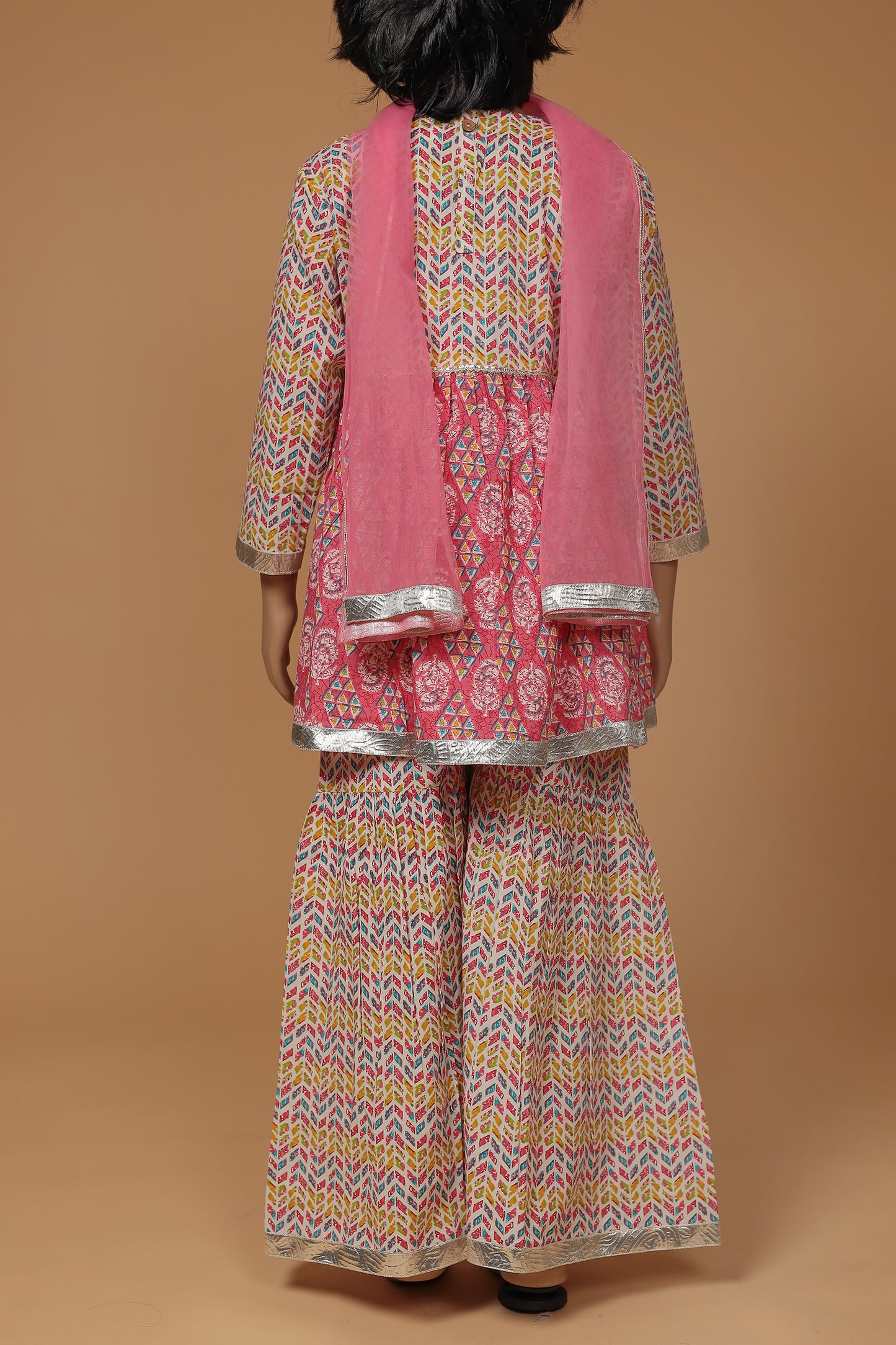 Pink Cotton Jacket Style Kurta with Sharara Dupatta Set for Girls