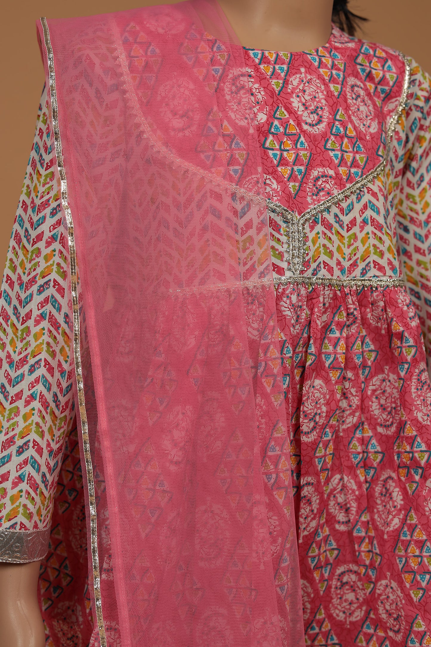 Pink Cotton Jacket Style Kurta with Sharara Dupatta Set for Girls