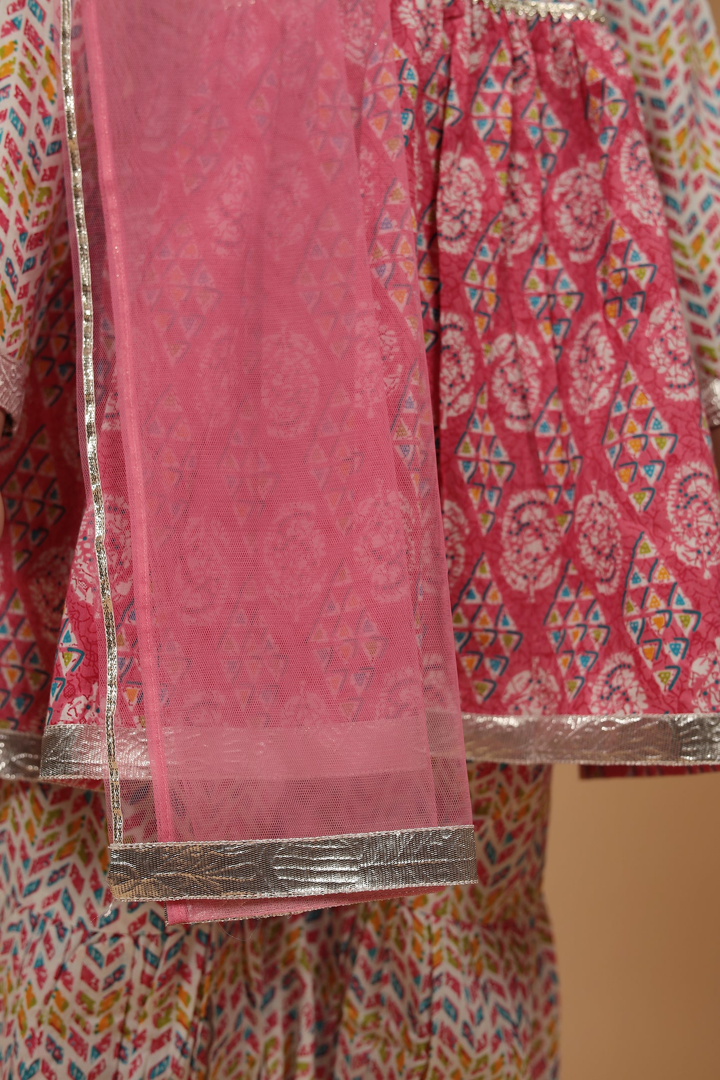 Pink Cotton Jacket Style Kurta with Sharara Dupatta Set for Girls