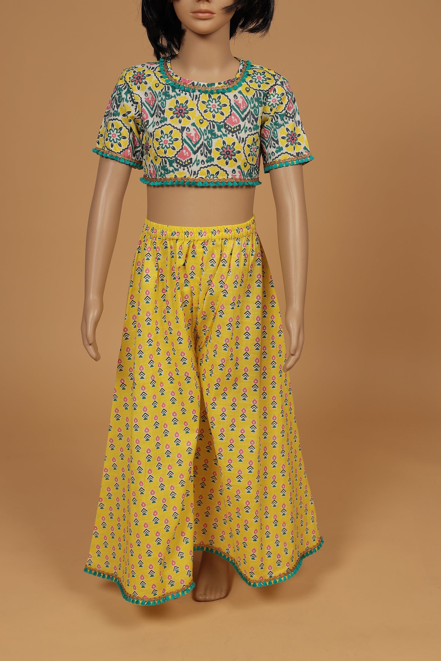 Yellow Cotton Crop Top with Afghani Pants Set for Girls