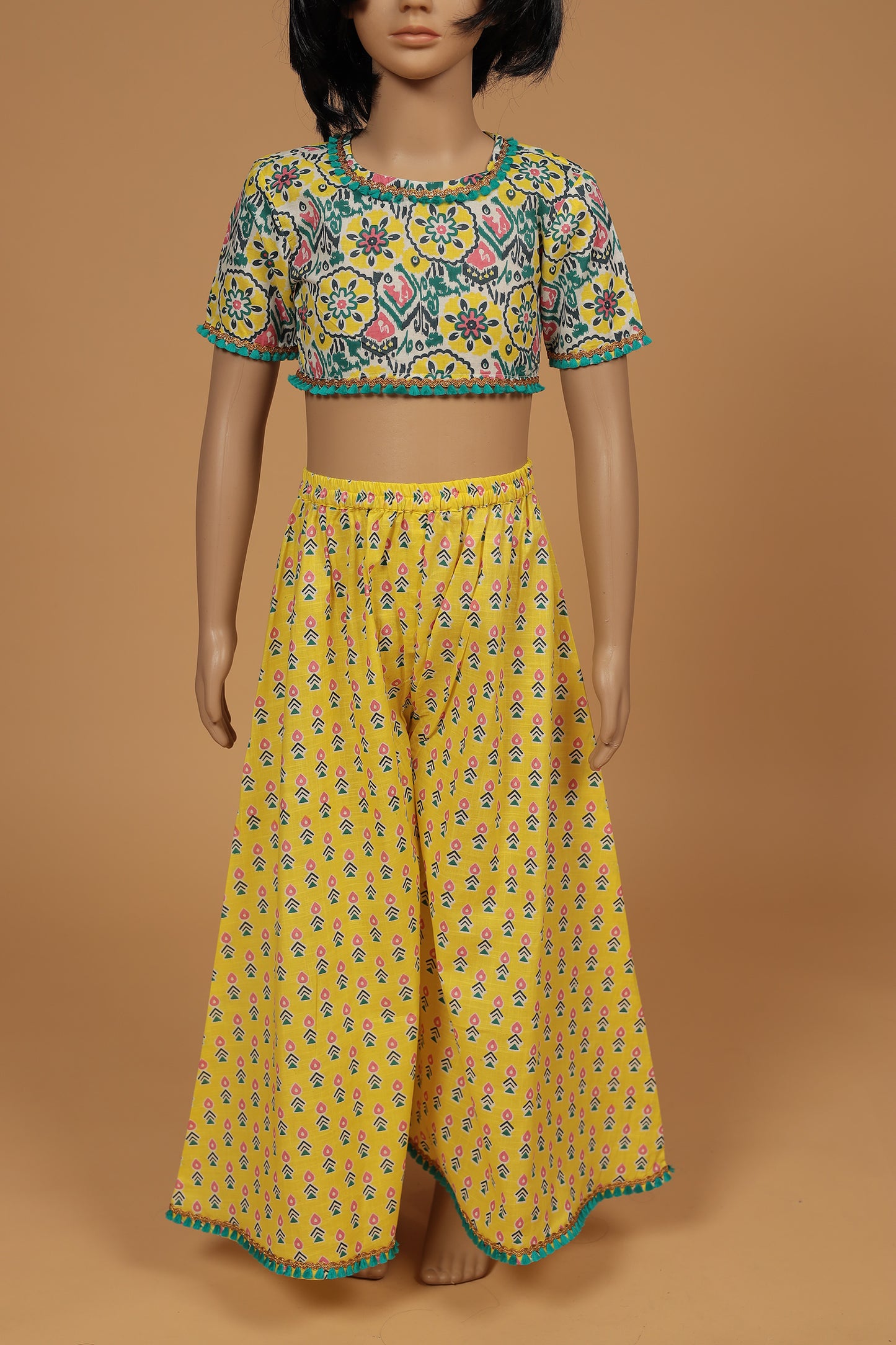 Yellow Cotton Crop Top with Afghani Pants Set for Girls