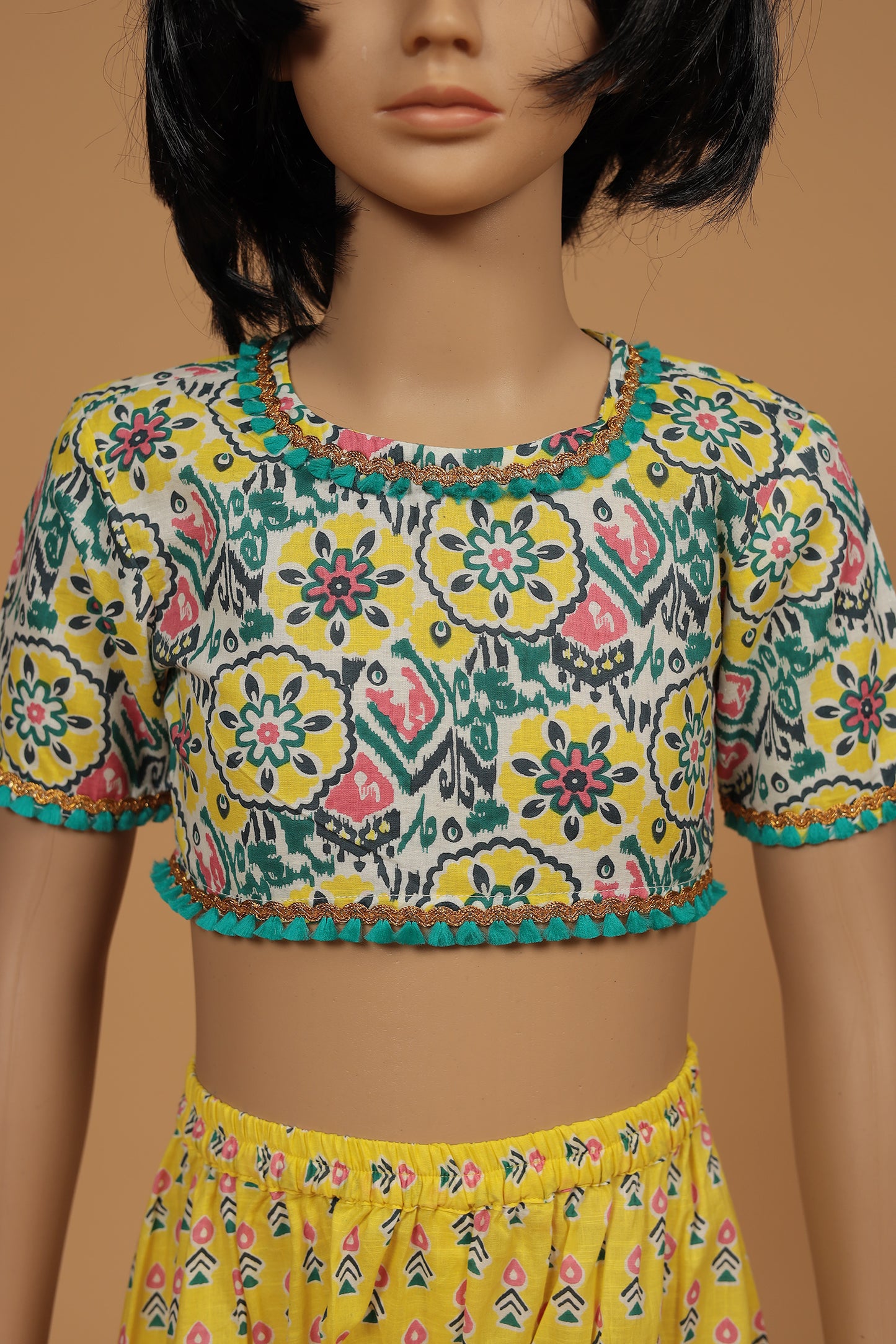 Yellow Cotton Crop Top with Afghani Pants Set for Girls