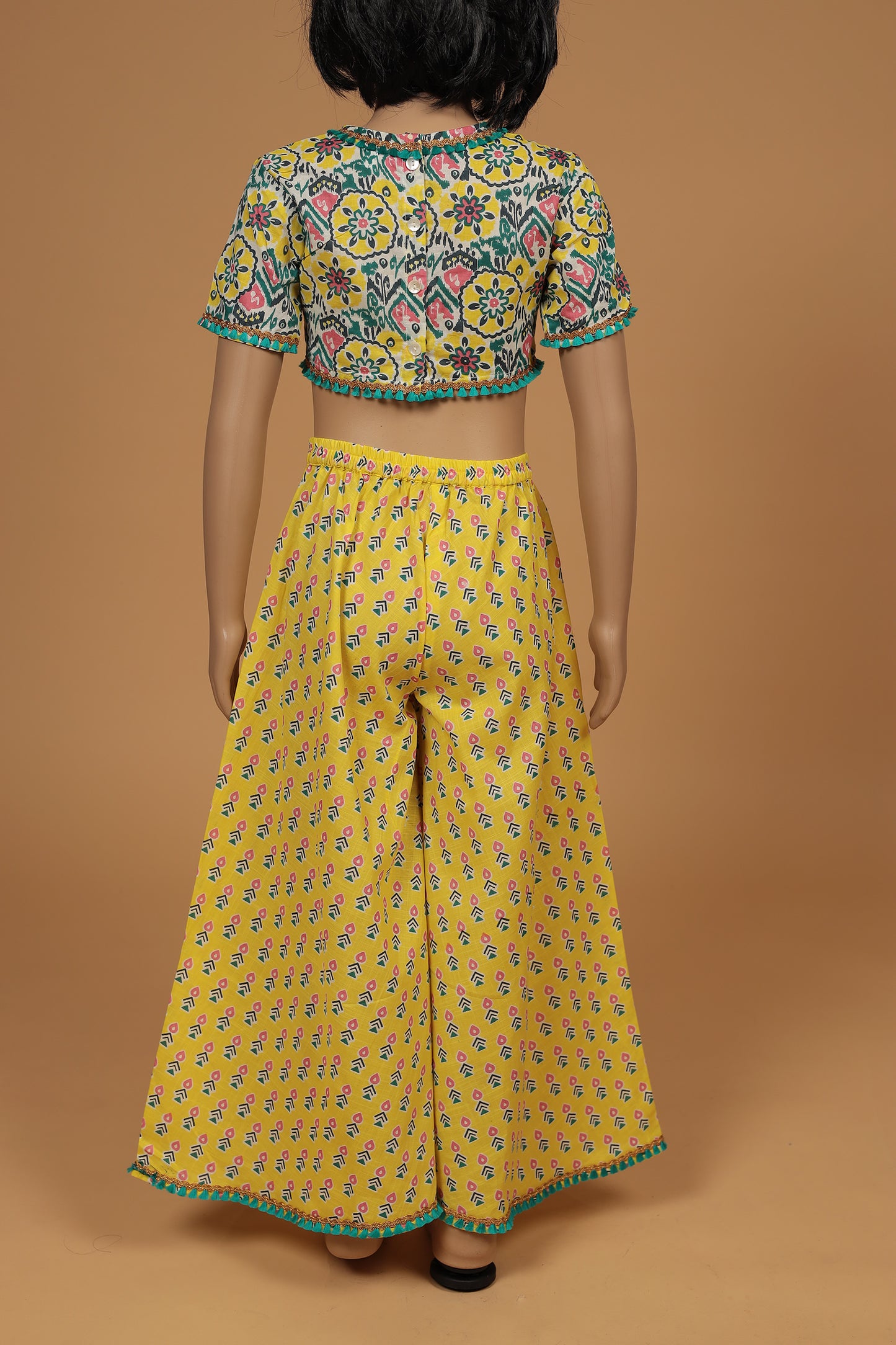 Yellow Cotton Crop Top with Afghani Pants Set for Girls