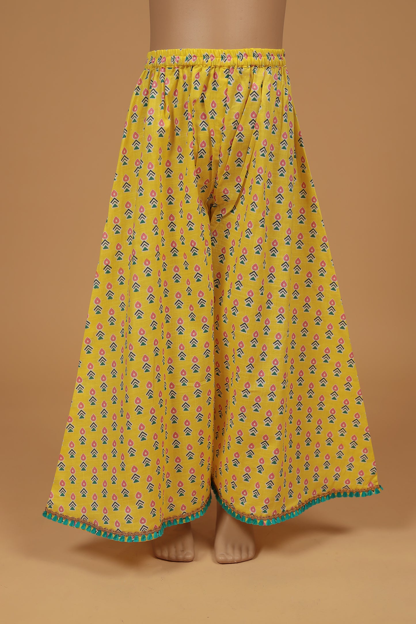 Yellow Cotton Crop Top with Afghani Pants Set for Girls