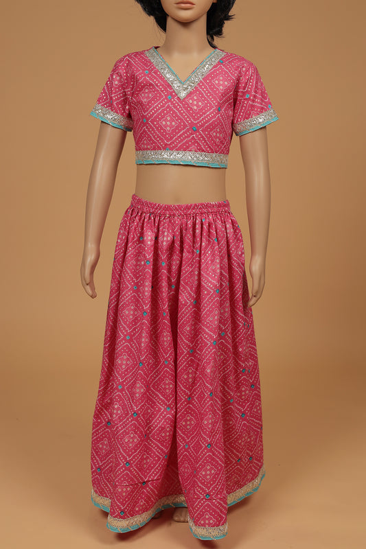 Elegant Pink Foil Cotton Blouse with Lehenga and Dupatta Set