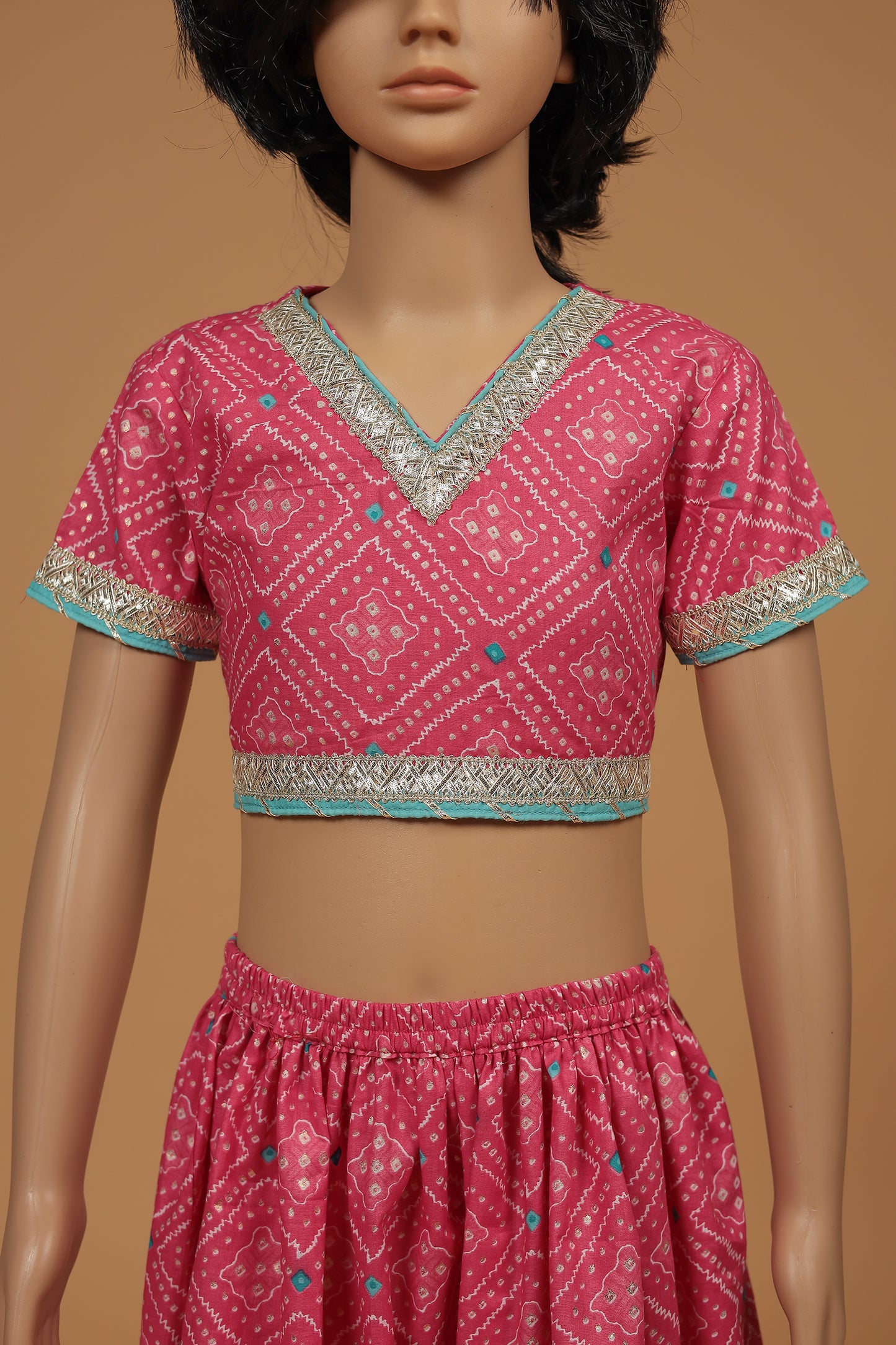 Elegant Pink Foil Cotton Blouse with Lehenga and Dupatta Set