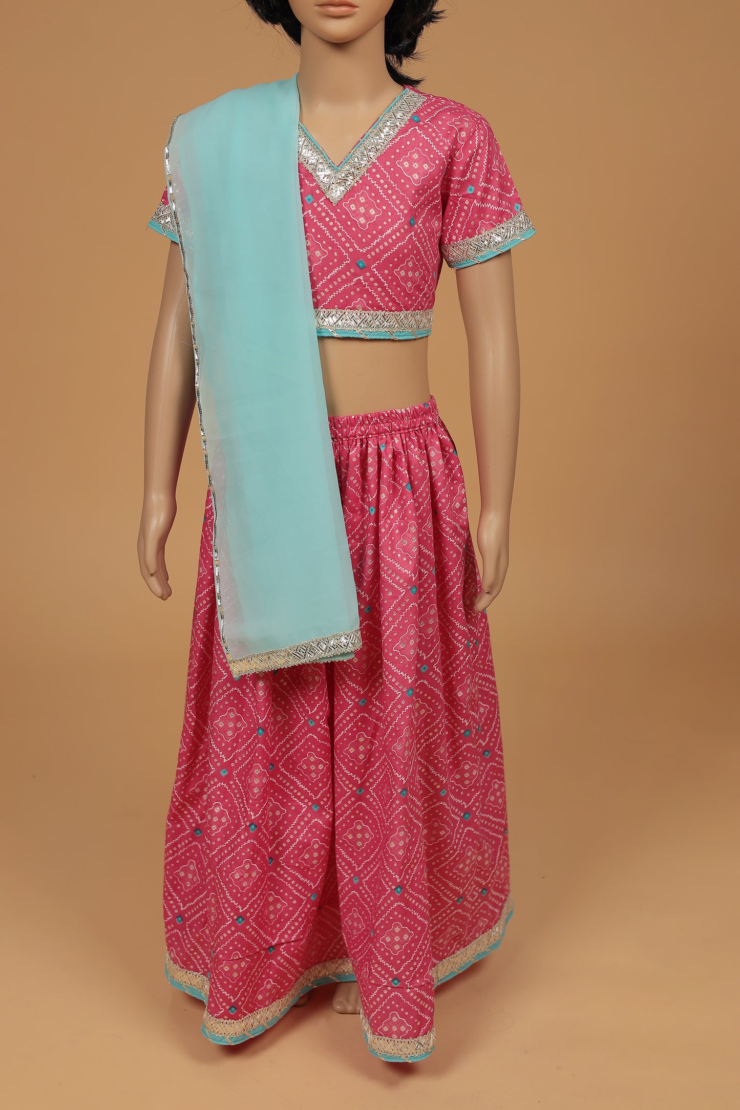 Elegant Pink Foil Cotton Blouse with Lehenga and Dupatta Set