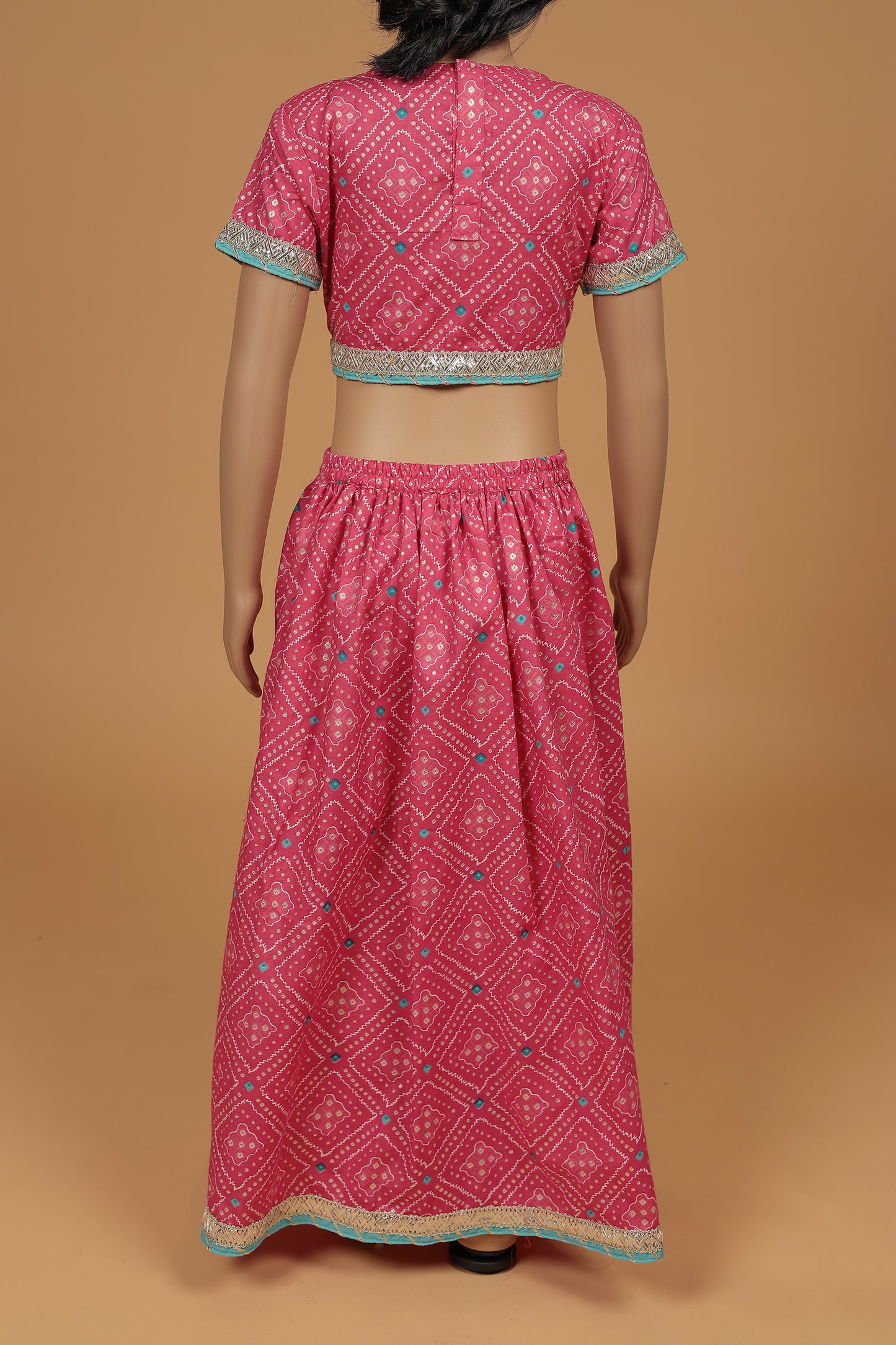 Elegant Pink Foil Cotton Blouse with Lehenga and Dupatta Set