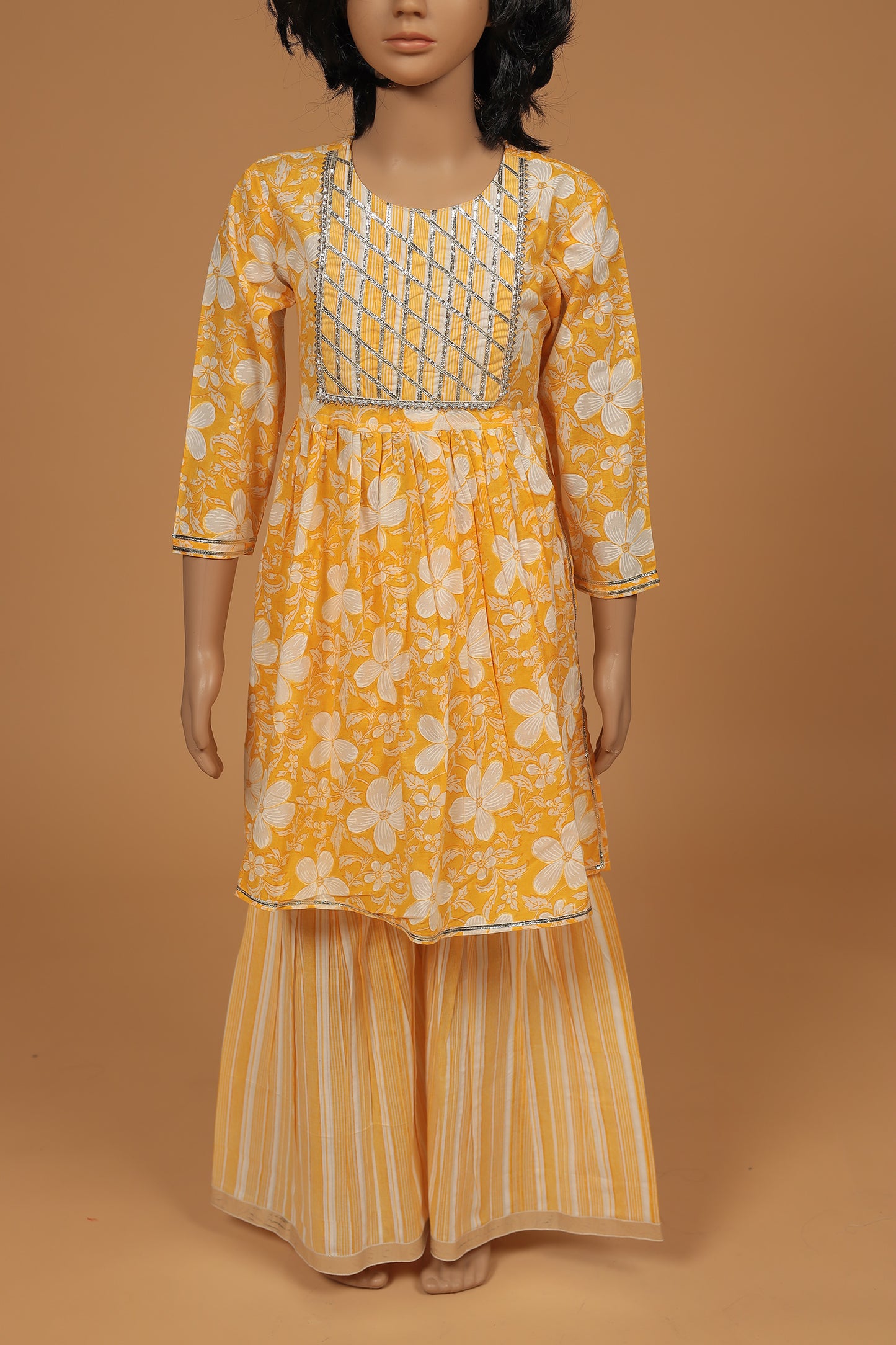 Charming Yellow and White Floral Cotton Kurti Sharara Dupatta Set