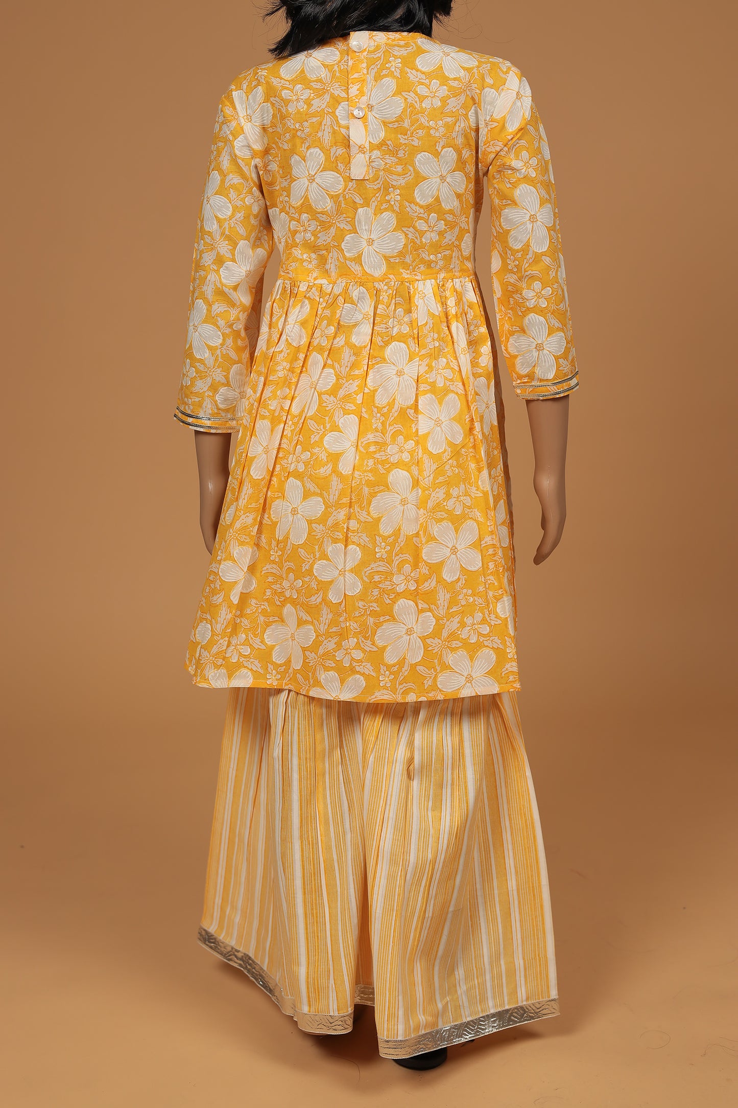 Charming Yellow and White Floral Cotton Kurti Sharara Dupatta Set