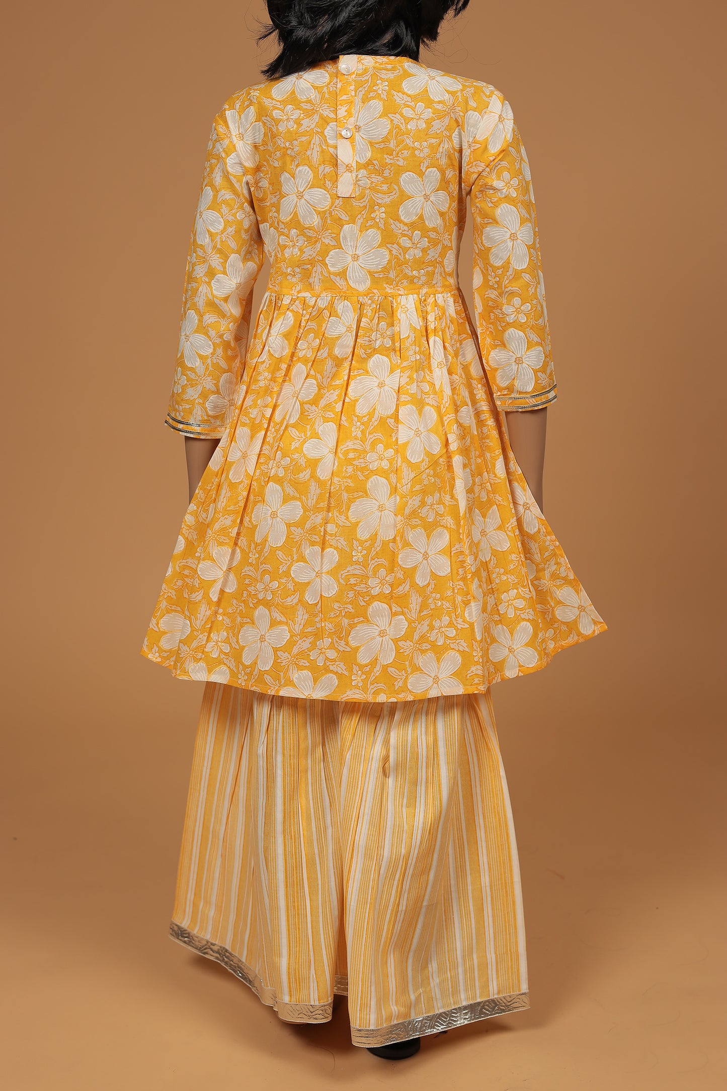 Charming Yellow and White Floral Cotton Kurti Sharara Dupatta Set