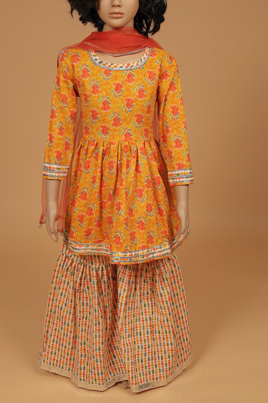 Charming Orange Floral Cotton Kurti Sharara Dupatta Set