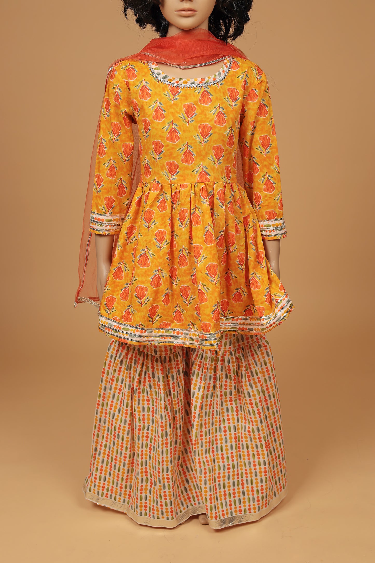 Charming Orange Floral Cotton Kurti Sharara Dupatta Set