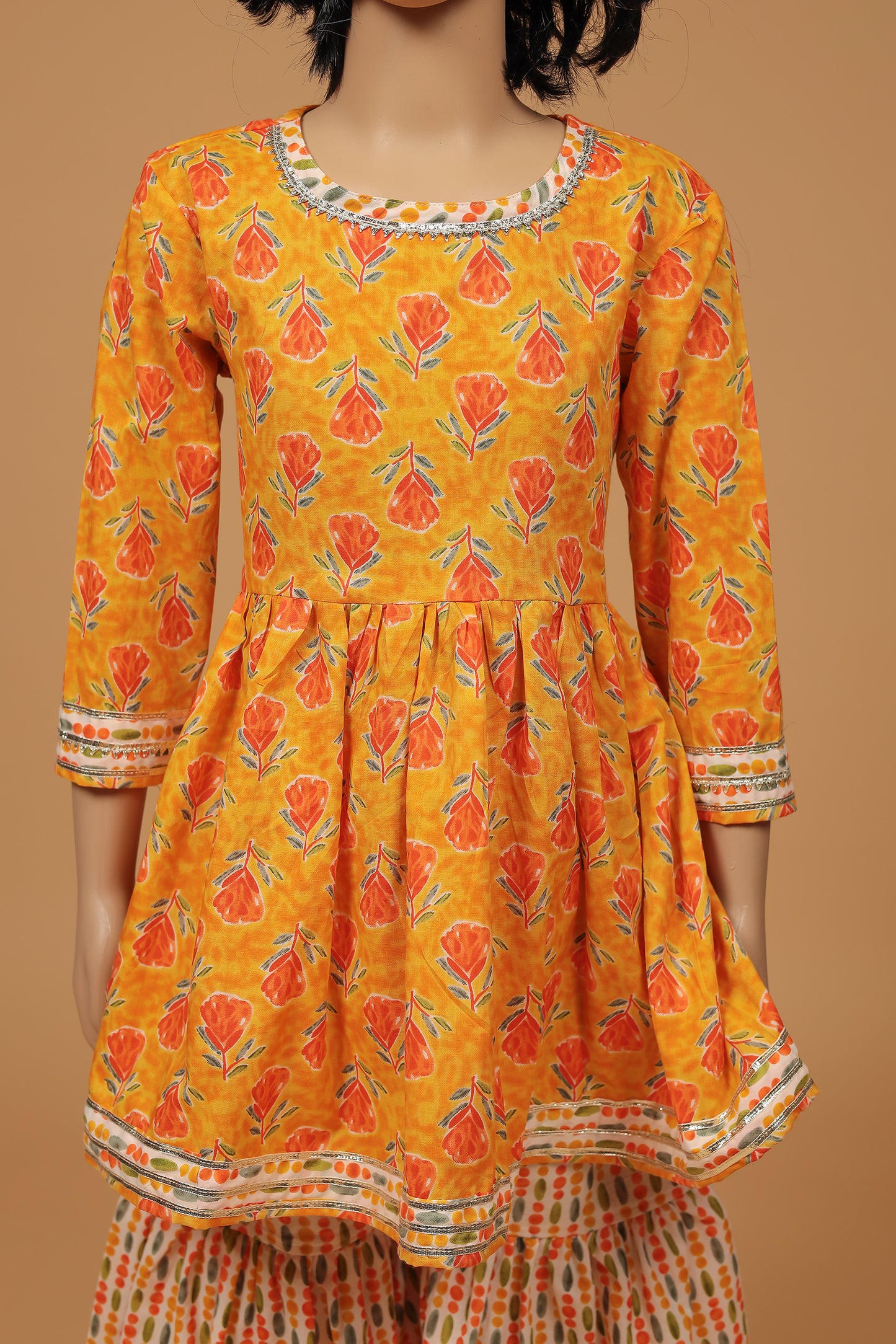 Charming Orange Floral Cotton Kurti Sharara Dupatta Set