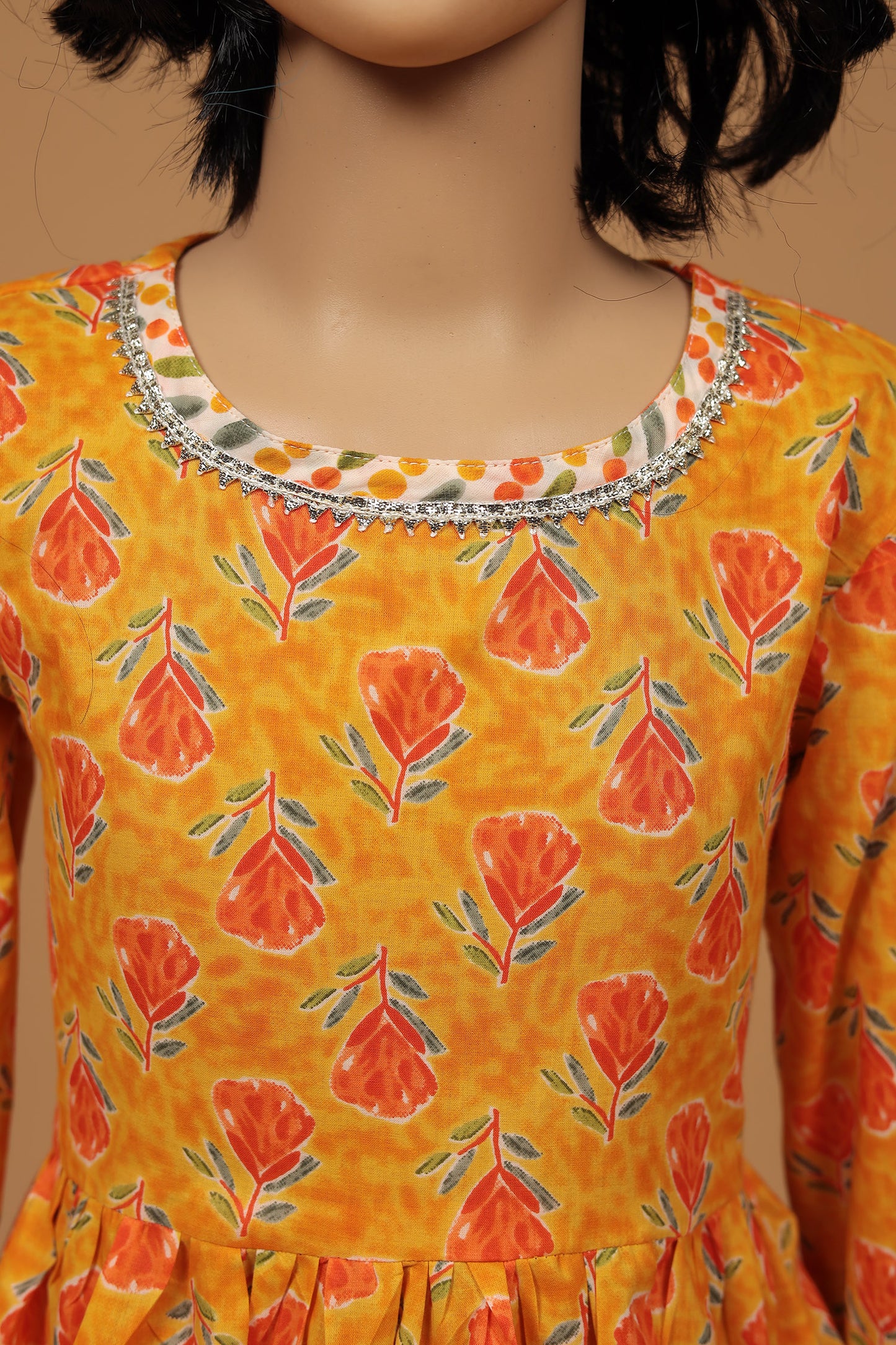 Charming Orange Floral Cotton Kurti Sharara Dupatta Set