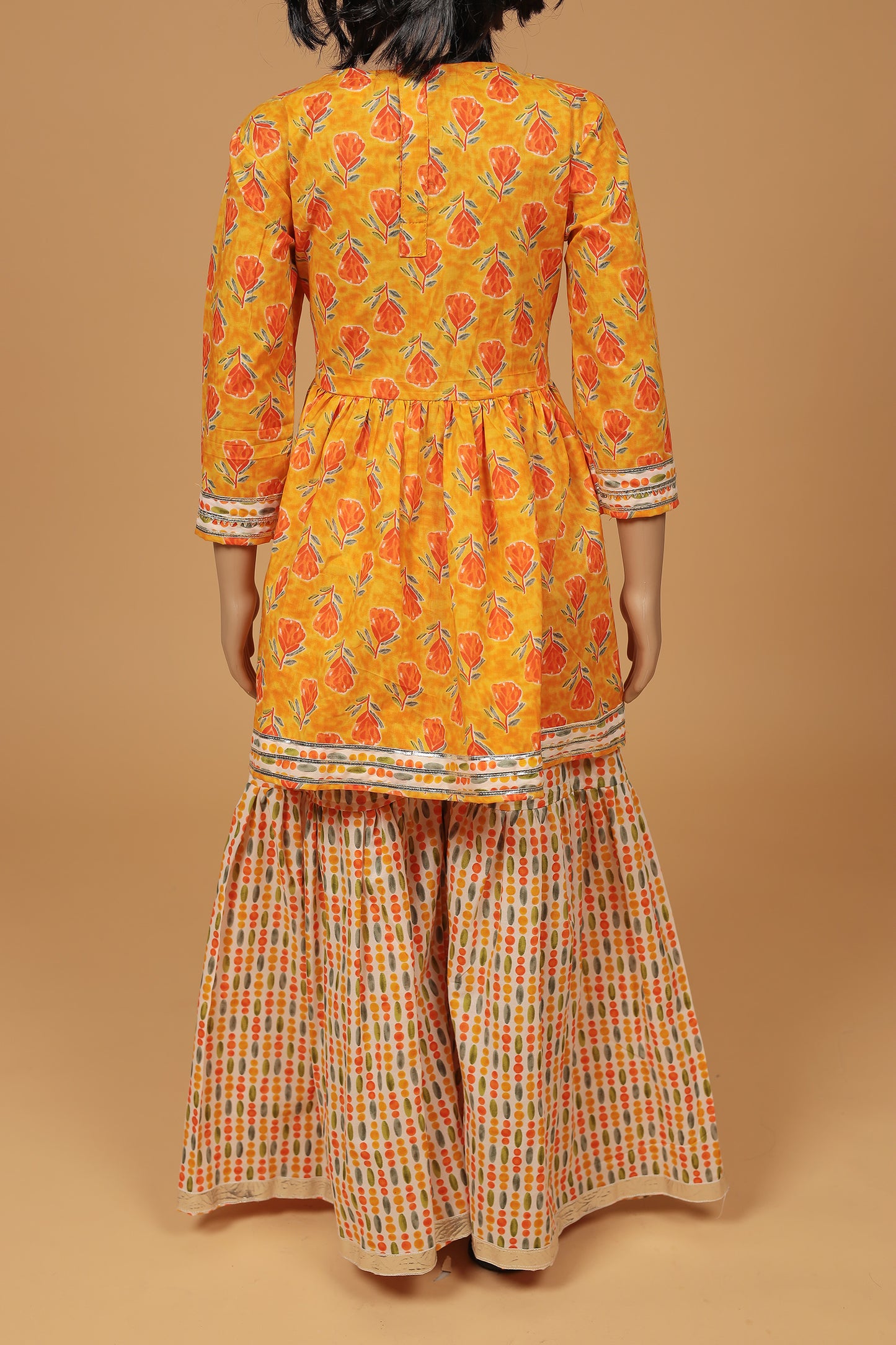 Charming Orange Floral Cotton Kurti Sharara Dupatta Set