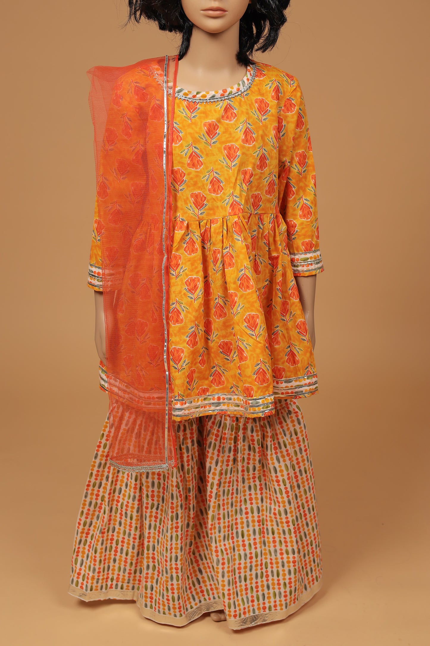 Charming Orange Floral Cotton Kurti Sharara Dupatta Set