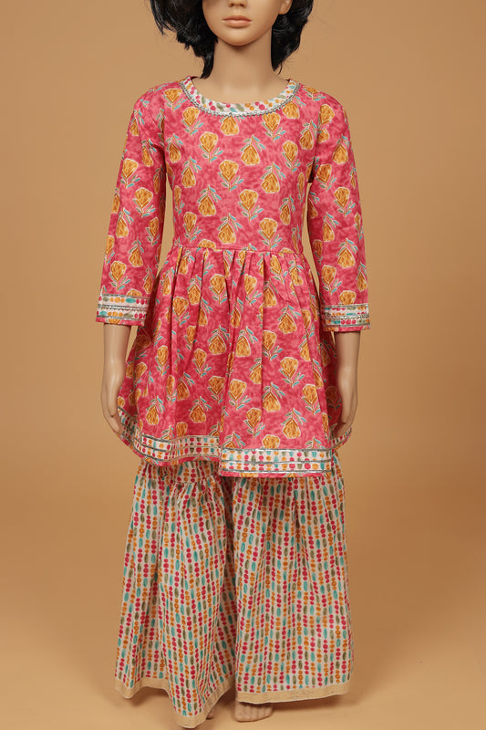 Charming Pink Floral Cotton Kurti Sharara Dupatta Set