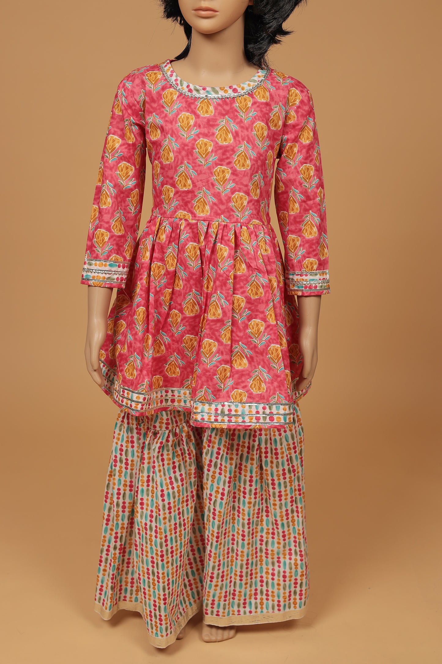 Charming Pink Floral Cotton Kurti Sharara Dupatta Set