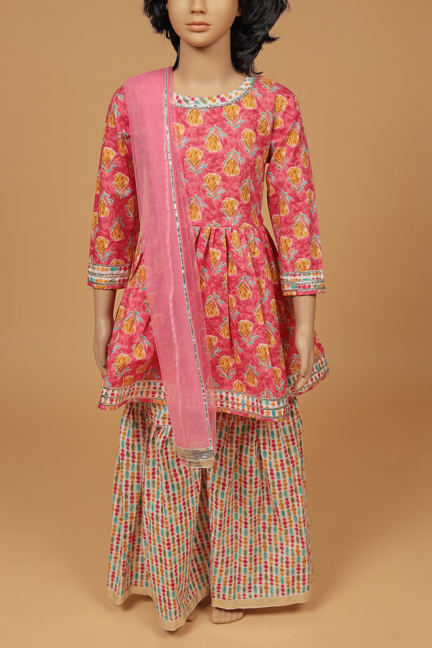 Charming Pink Floral Cotton Kurti Sharara Dupatta Set