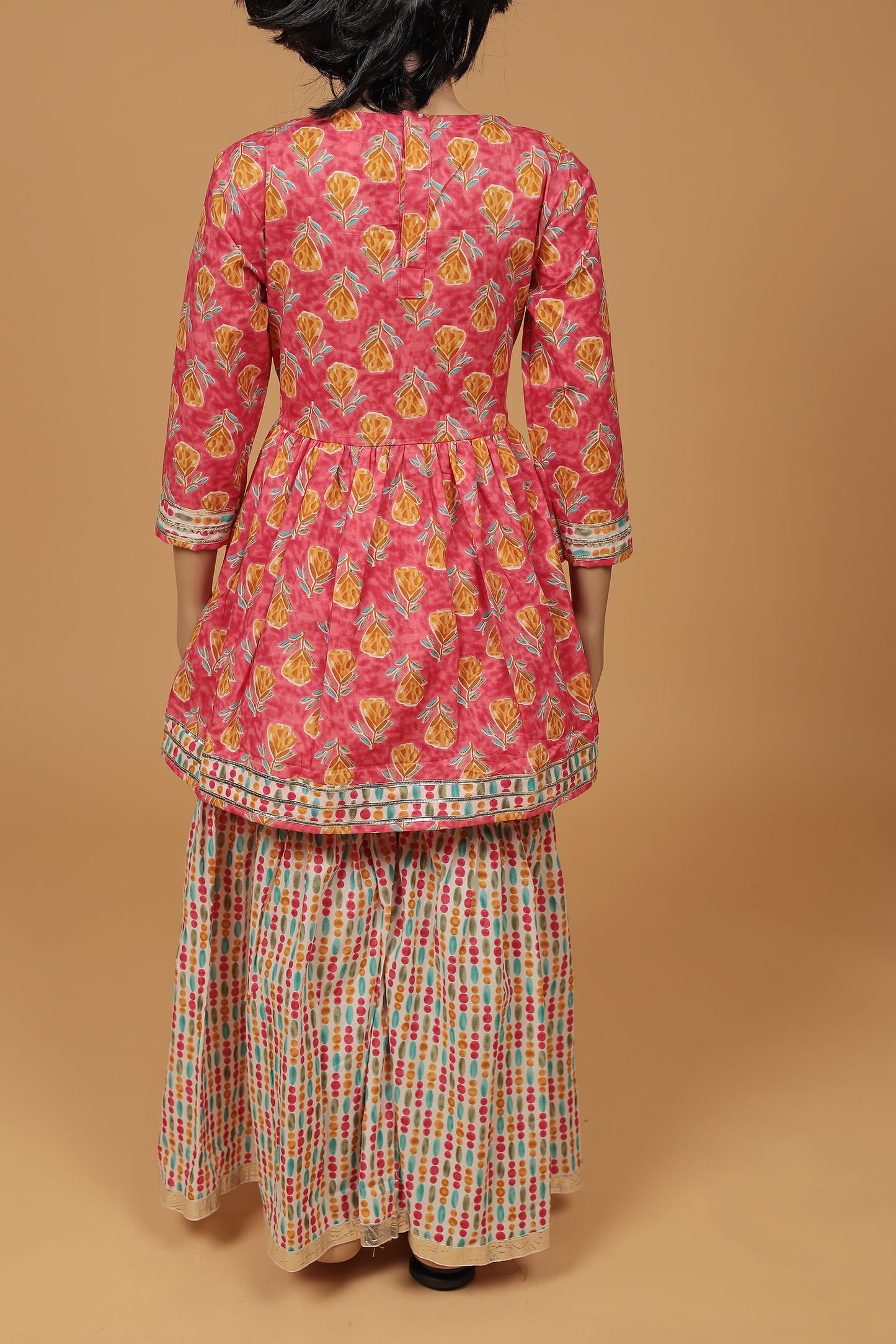 Charming Pink Floral Cotton Kurti Sharara Dupatta Set