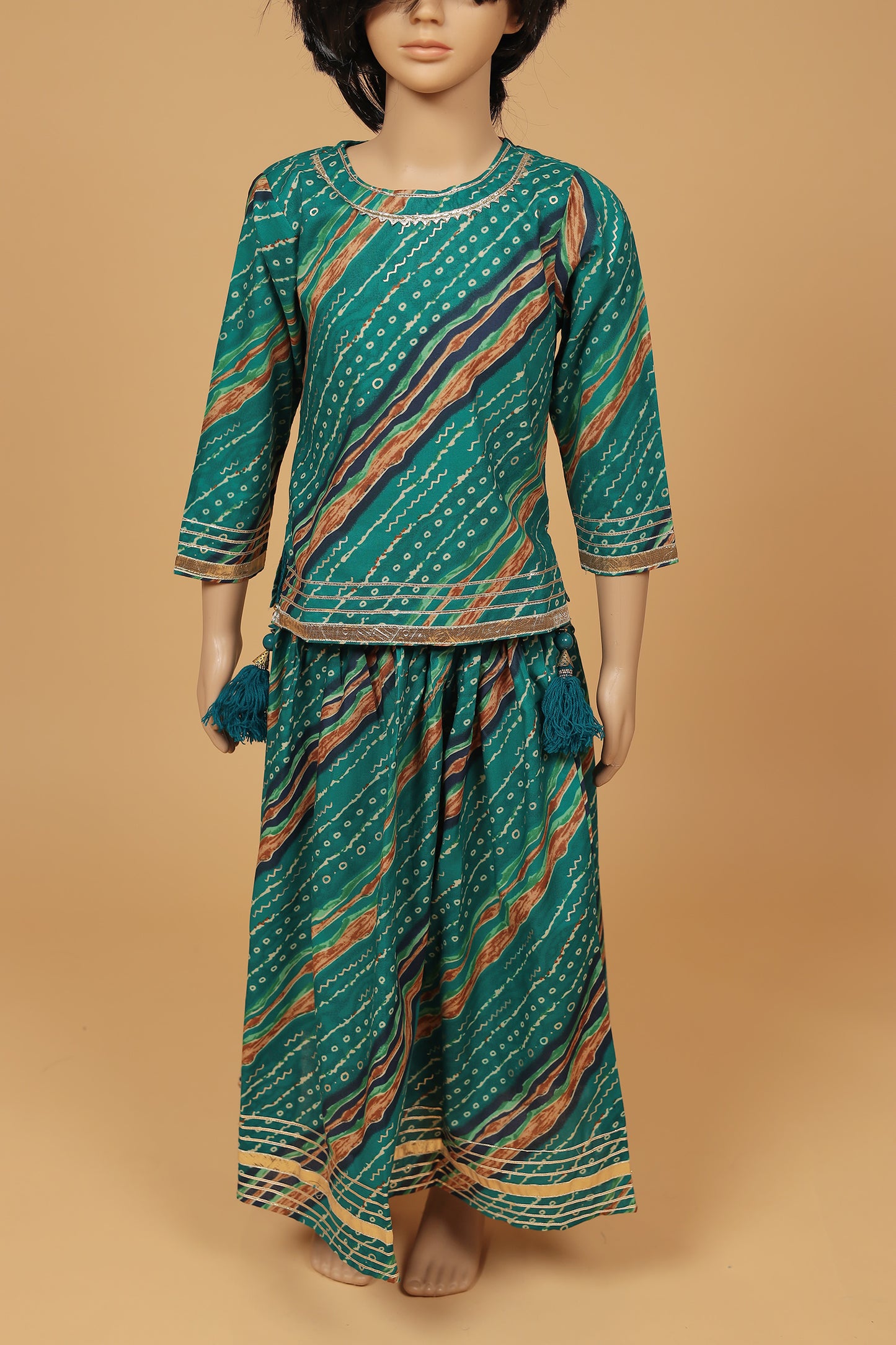 Elegant Green Bandhej Foil Cotton Kurti Skirt with Dupatta Set