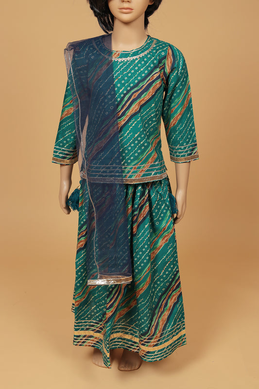 Elegant Green Bandhej Foil Cotton Kurti Skirt with Dupatta Set