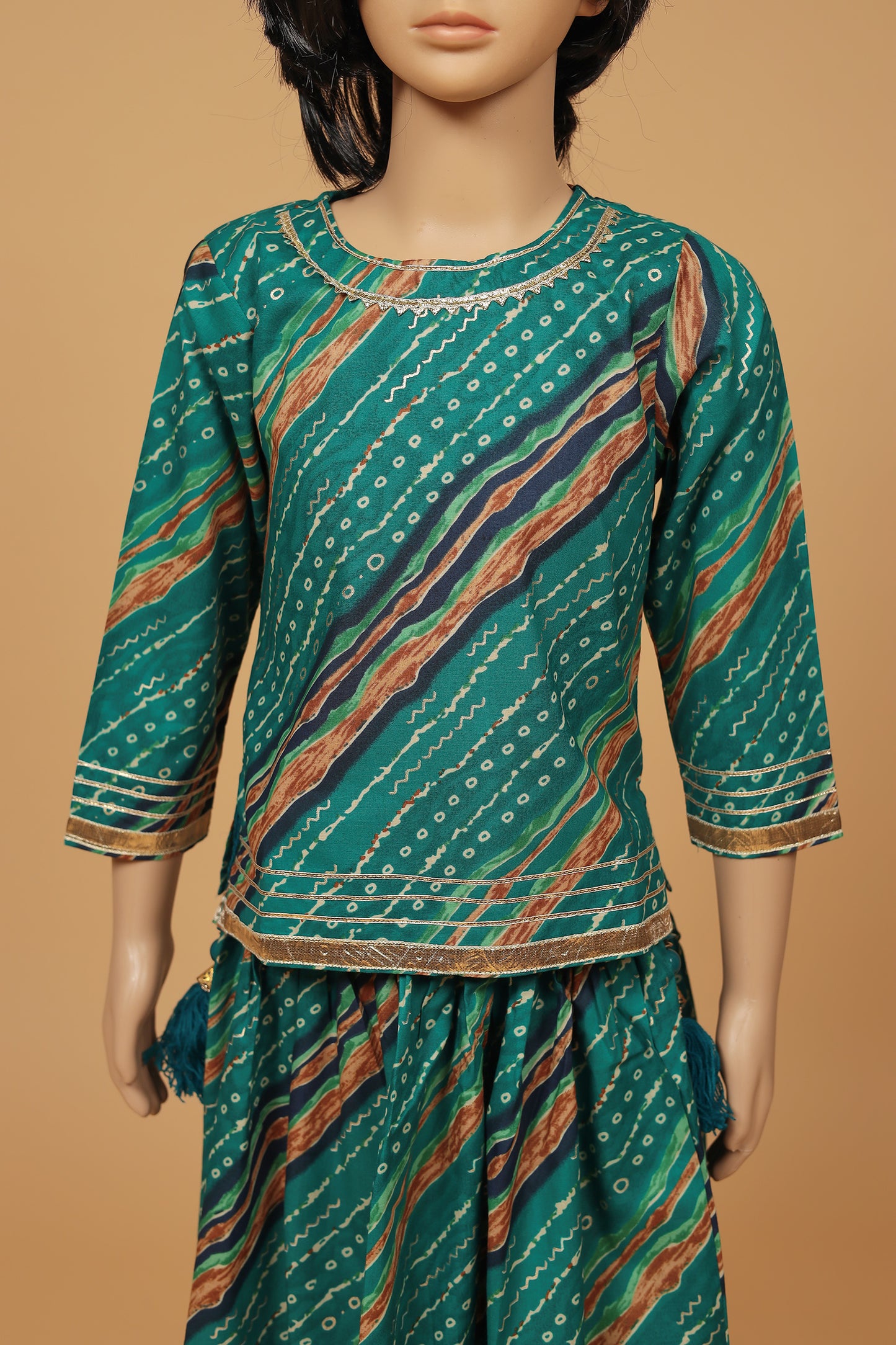 Elegant Green Bandhej Foil Cotton Kurti Skirt with Dupatta Set