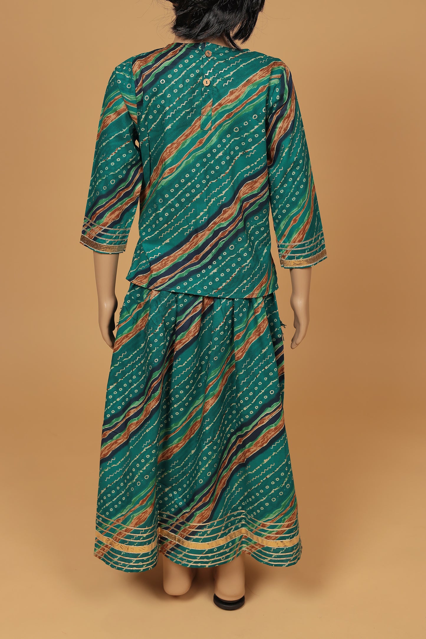 Elegant Green Bandhej Foil Cotton Kurti Skirt with Dupatta Set