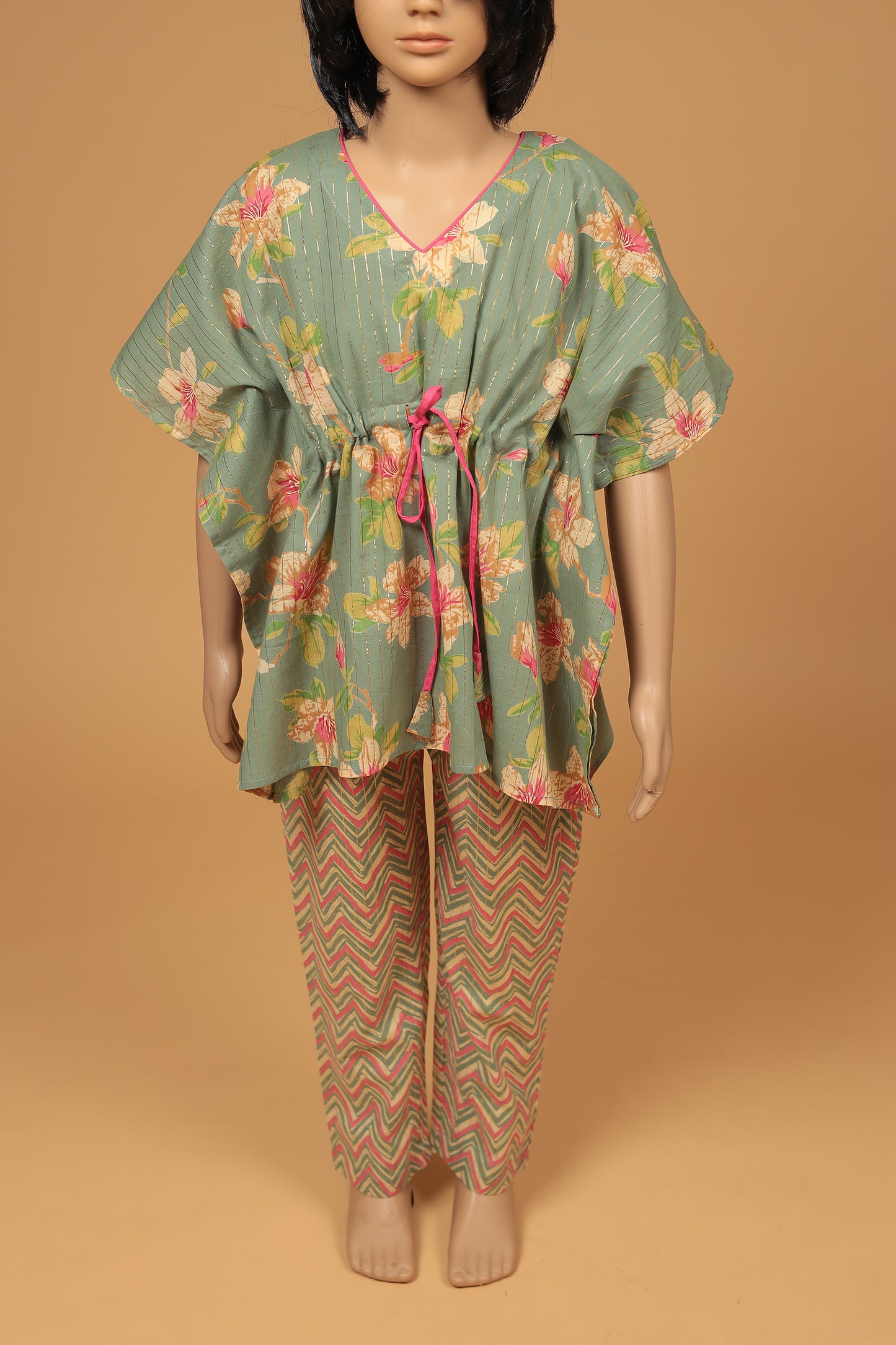 Chic Green Floral Cotton Kaftan with Pant Set