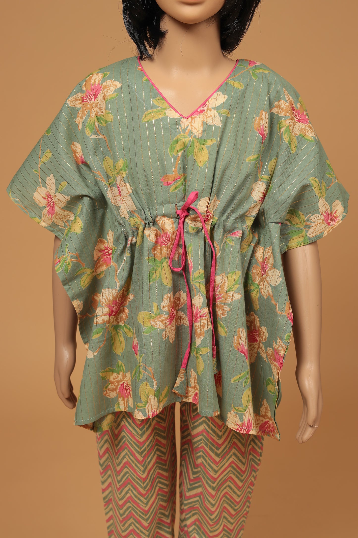 Chic Green Floral Cotton Kaftan with Pant Set