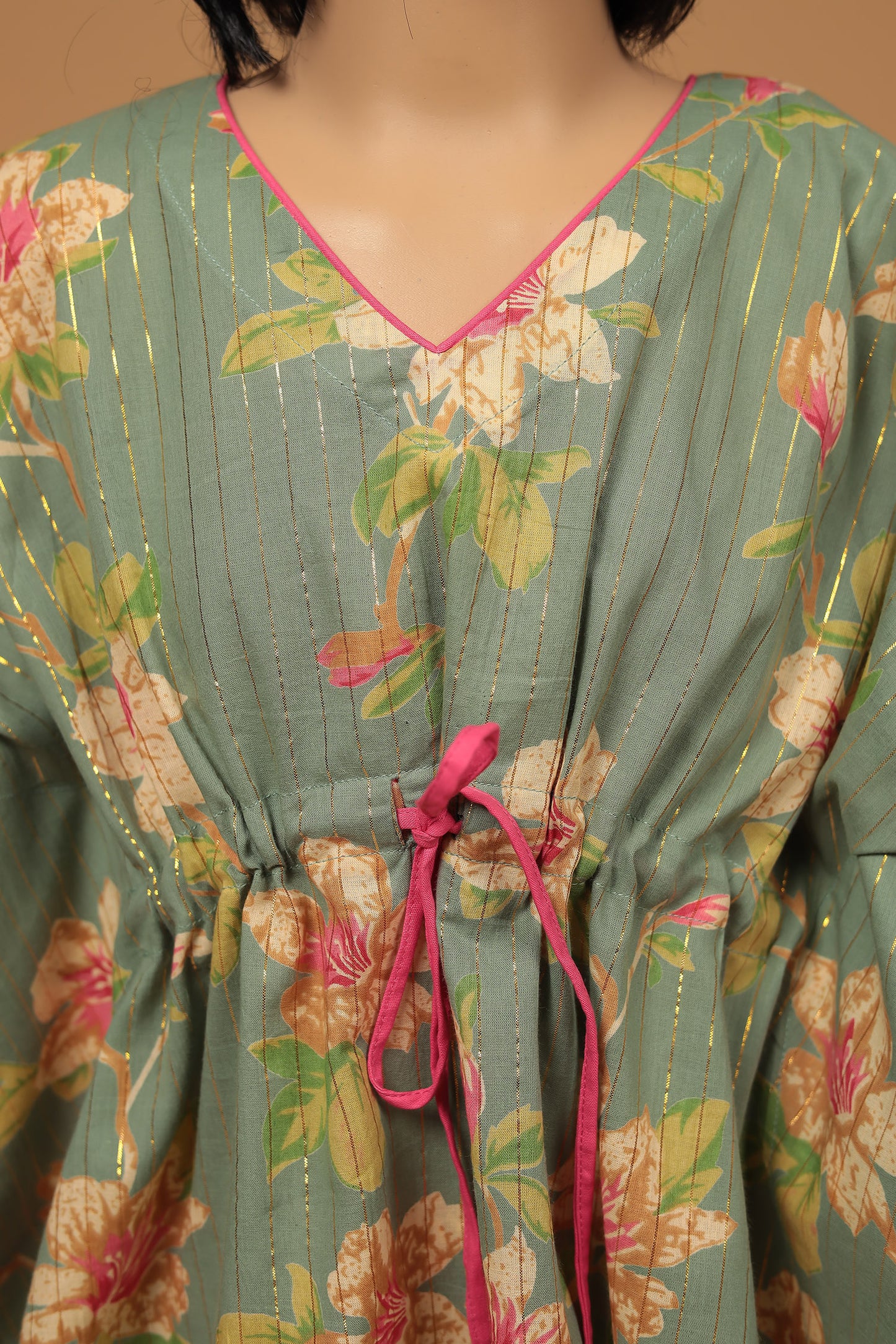 Chic Green Floral Cotton Kaftan with Pant Set